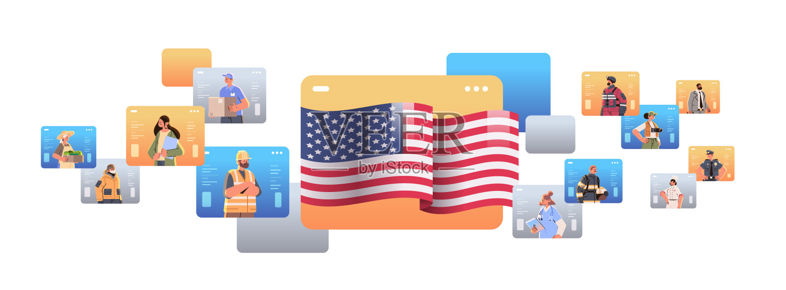 集不同职业的人、不同职业的工人和专家于一身，共同欢度劳动节插画图片素材