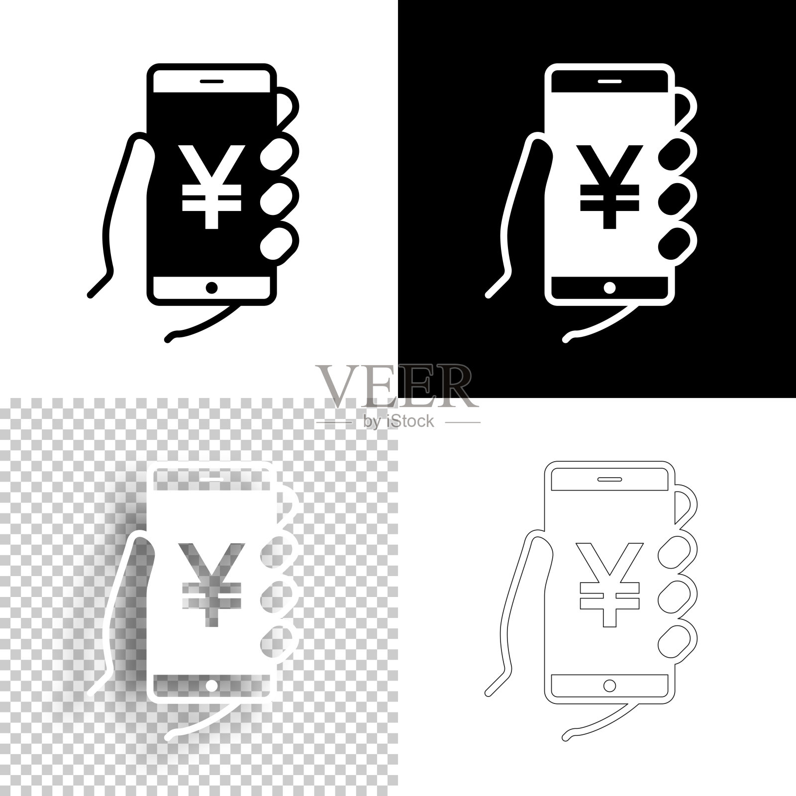 带有Yen sign的智能手机。图标设计。空白，白色和黑色背景-线图标图标素材