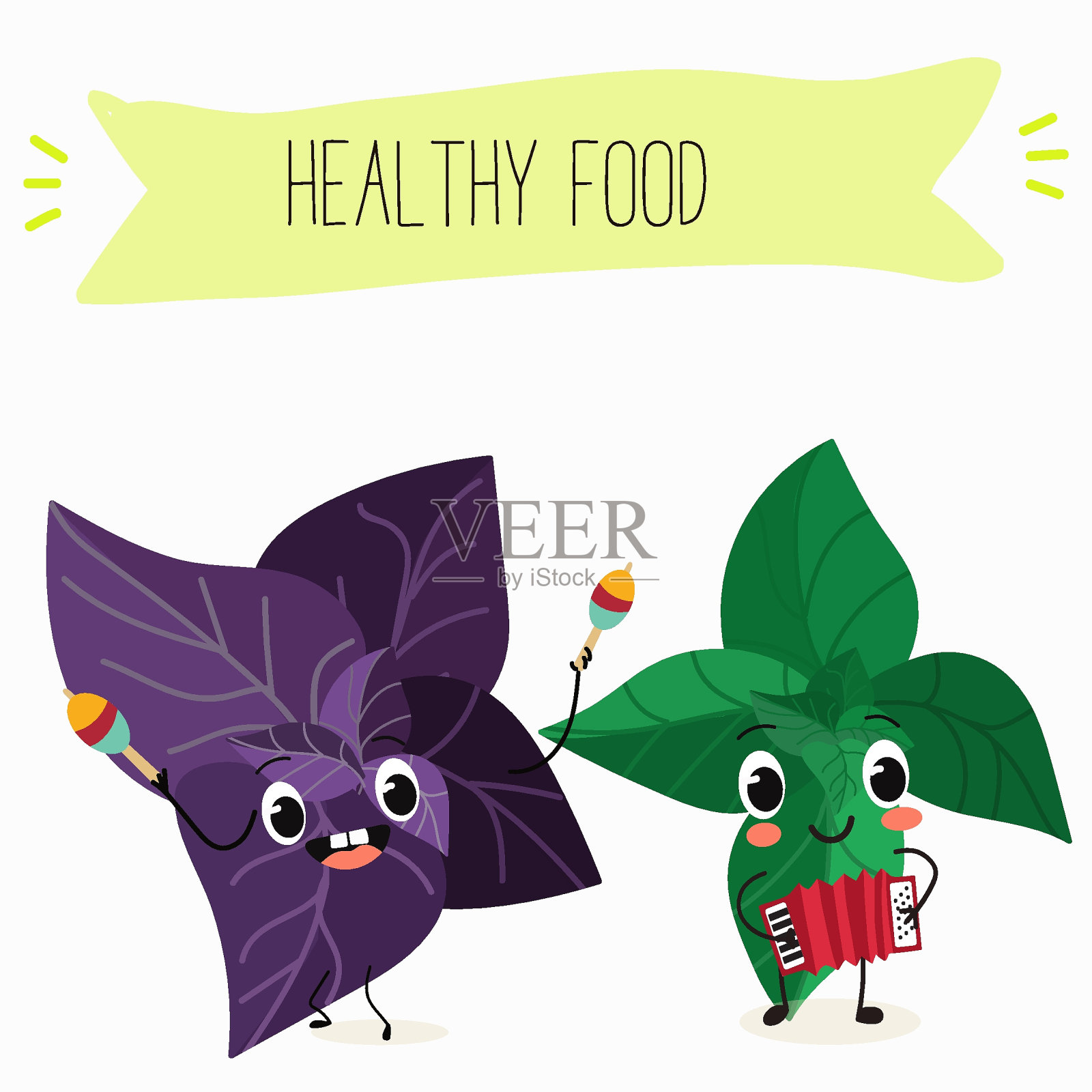 矢量卡通人物罗勒绿色和紫色，有趣的人物。农场新鲜收获，农业有机蔬菜或素食产品，香草，调味料。插画图片素材