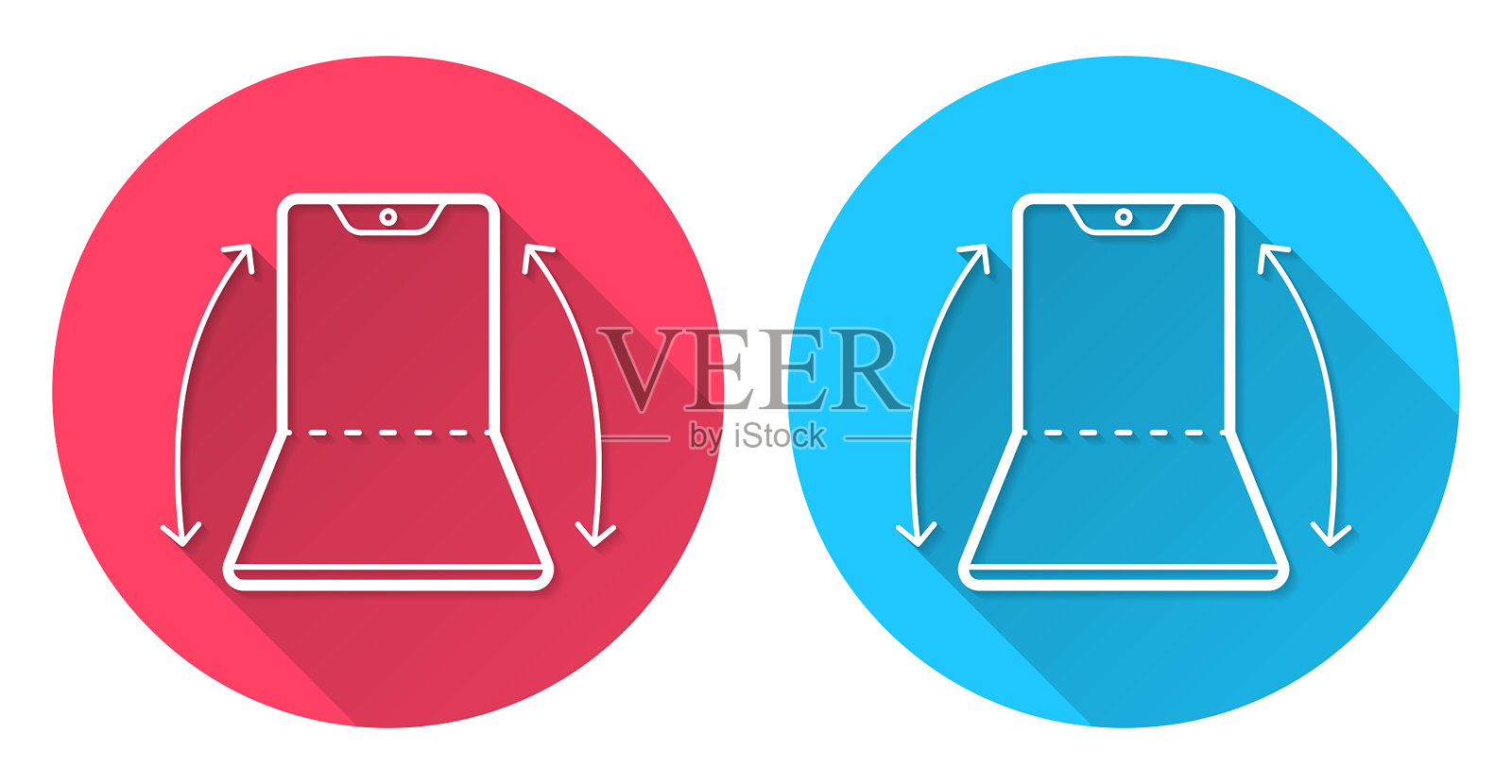 可折叠的智能手机。圆形图标与长阴影在红色或蓝色的背景插画图片素材