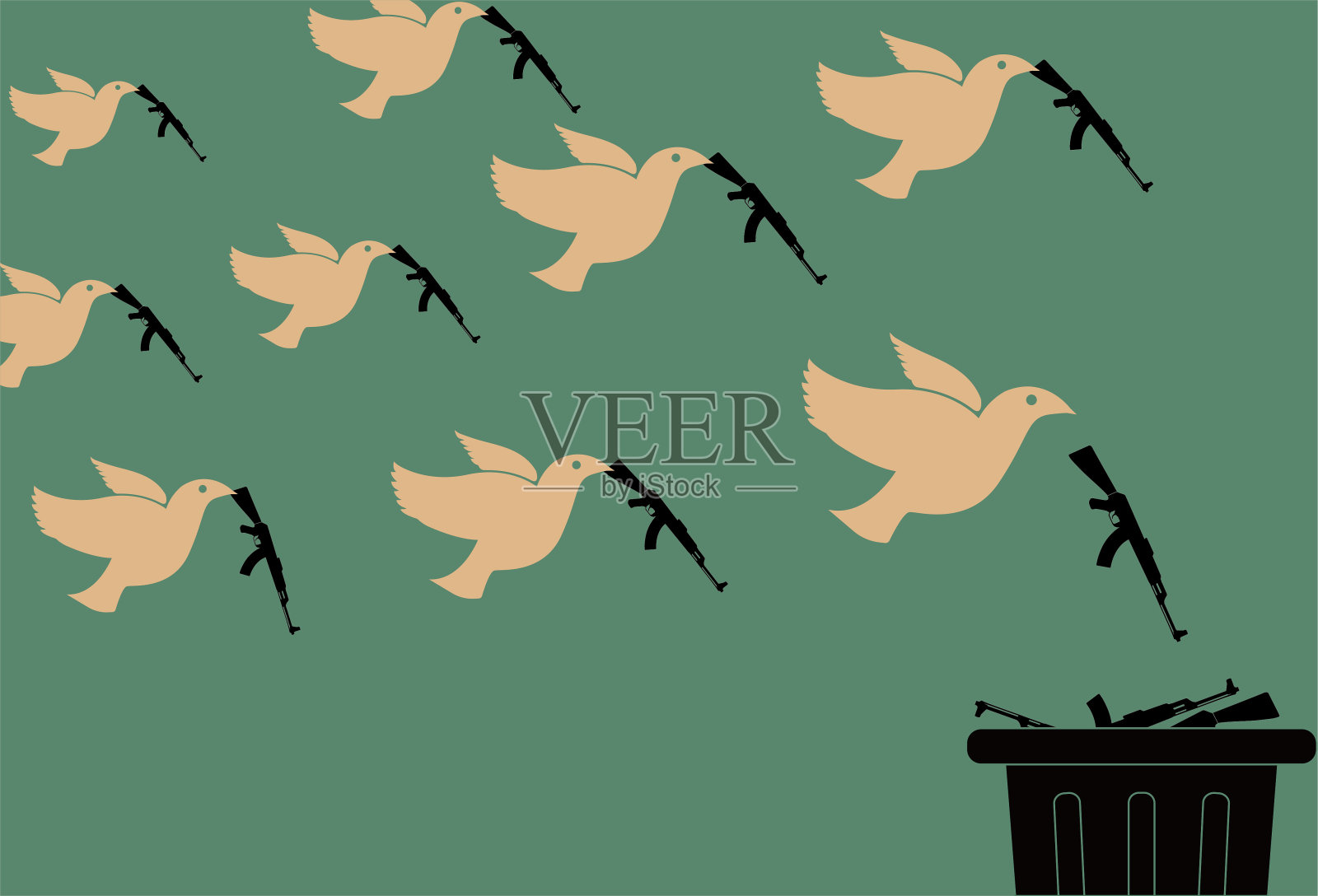 和平鸽把枪扔进垃圾桶，反战，和平海报插画图片素材