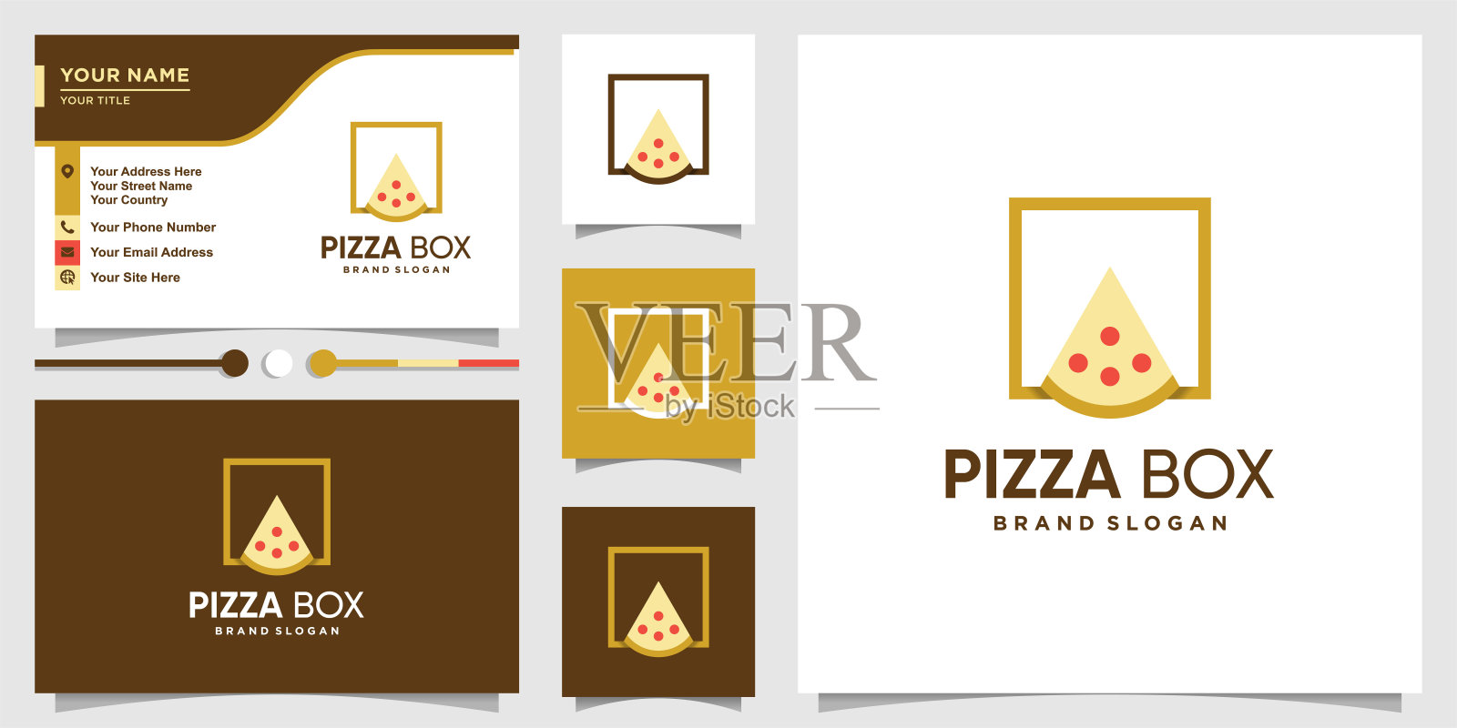 披萨盒符号与酷的现代概念和名片设计高级矢量插画图片素材