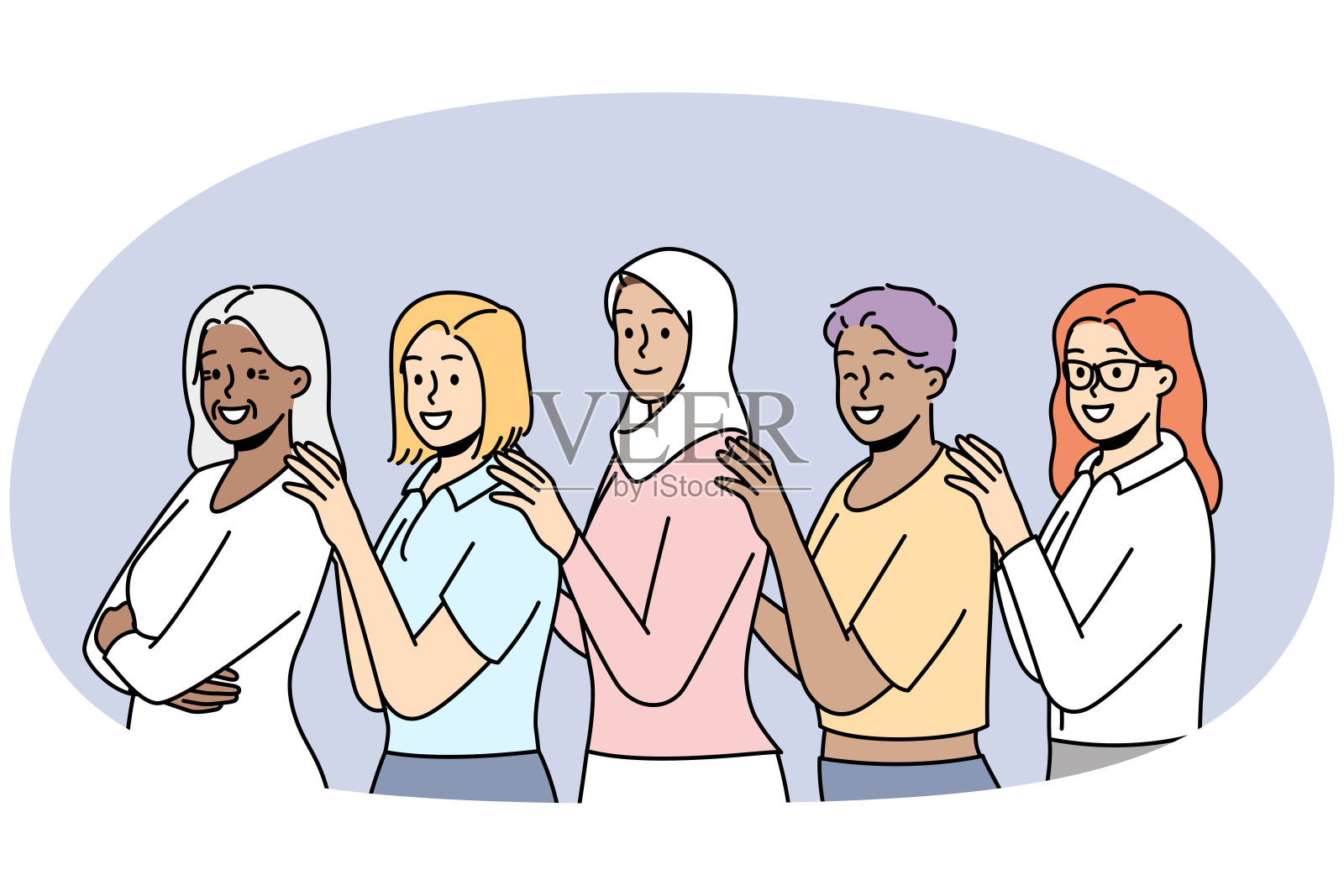 微笑的跨种族女性站在一起插画图片素材