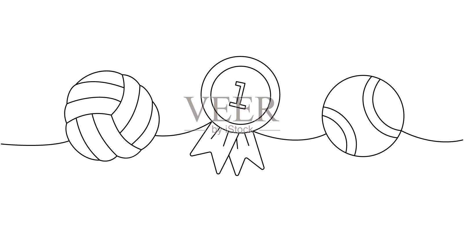 整套宠物用品。狗球玩具，第一名奖牌，网球，宠物玩具连续一行插图。向量线性图解。插画图片素材