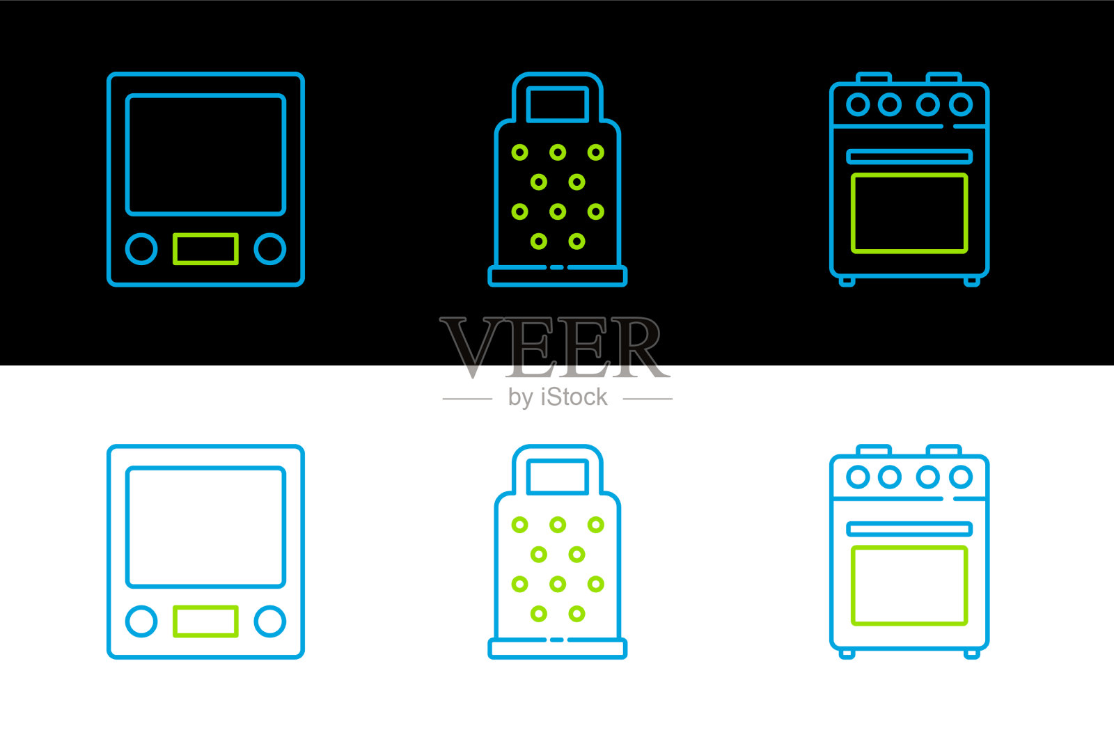 设置线烤箱电子秤和磨碎器图标插画图片素材