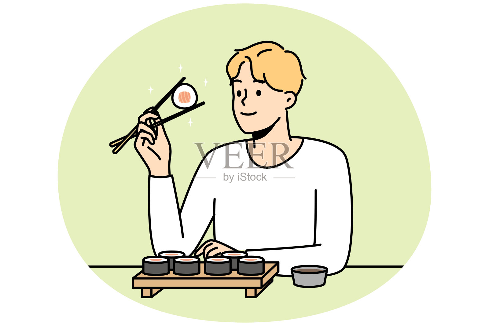 微笑的男人用筷子吃寿司插画图片素材