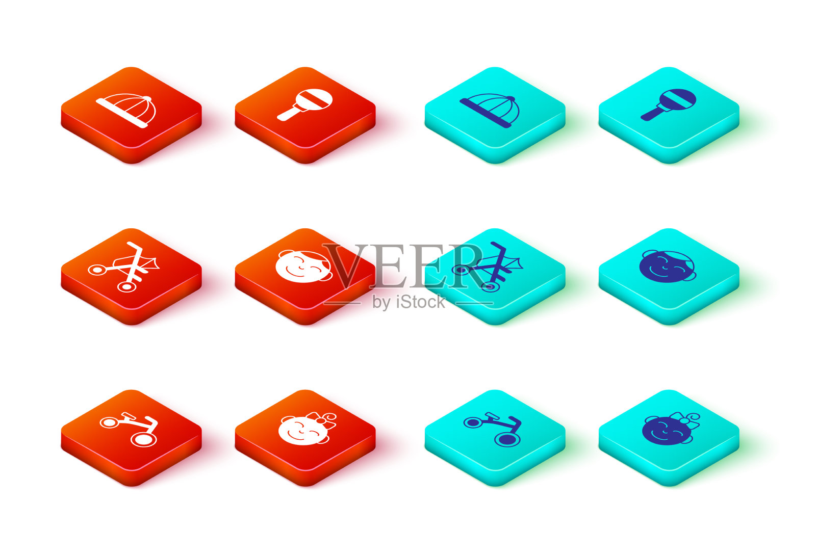 为孩子们设置自行车，小女孩头婴儿插画图片素材