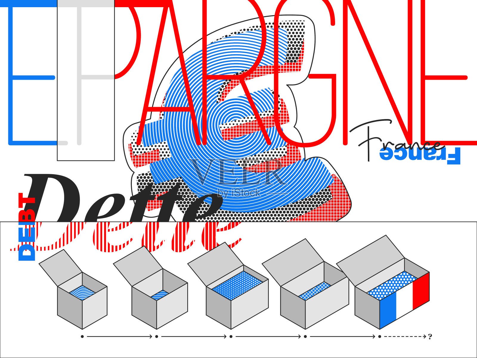 插图捕捉法国国债，以极简主义的符号和主题为特色插画图片素材