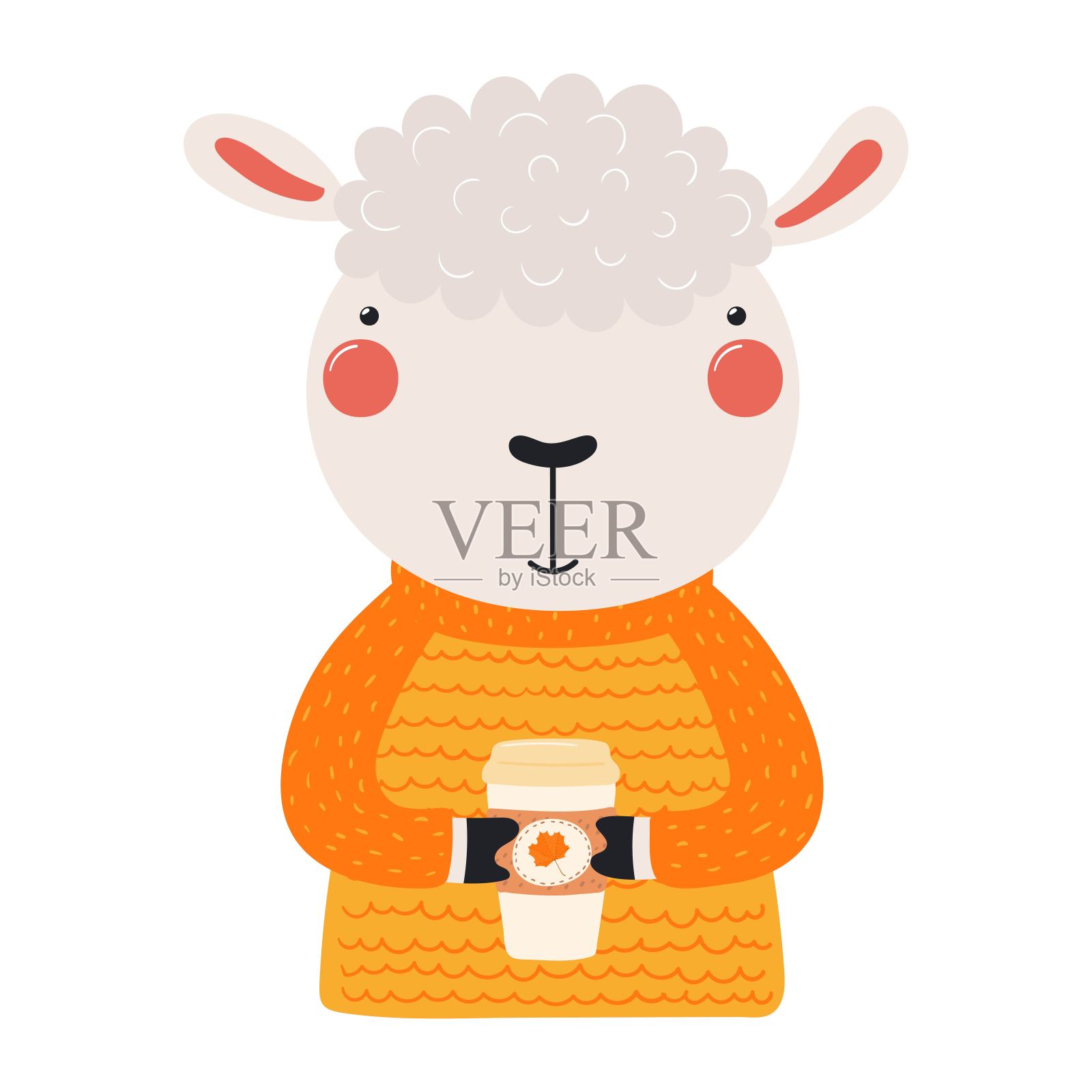 可爱的羊在毛衣拿纸咖啡杯人物插图插画图片素材