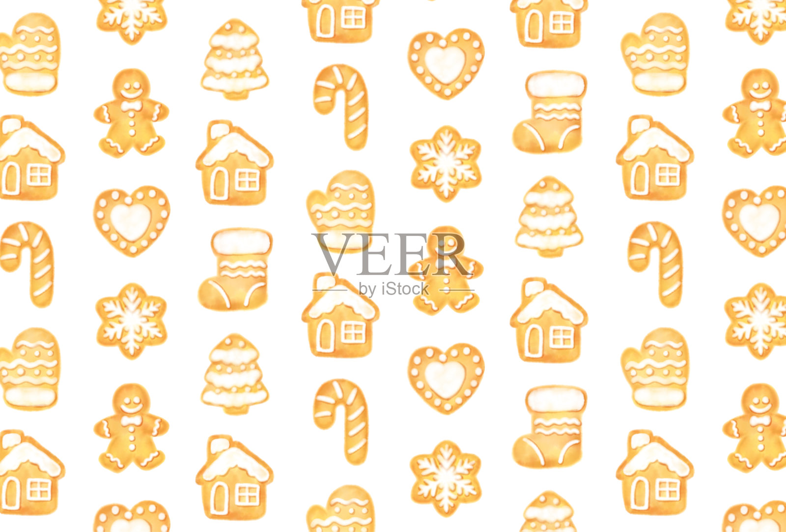 无缝图案与一套圣诞饼干在水彩横幅，卡片，传单，社交媒体壁纸等。插画图片素材