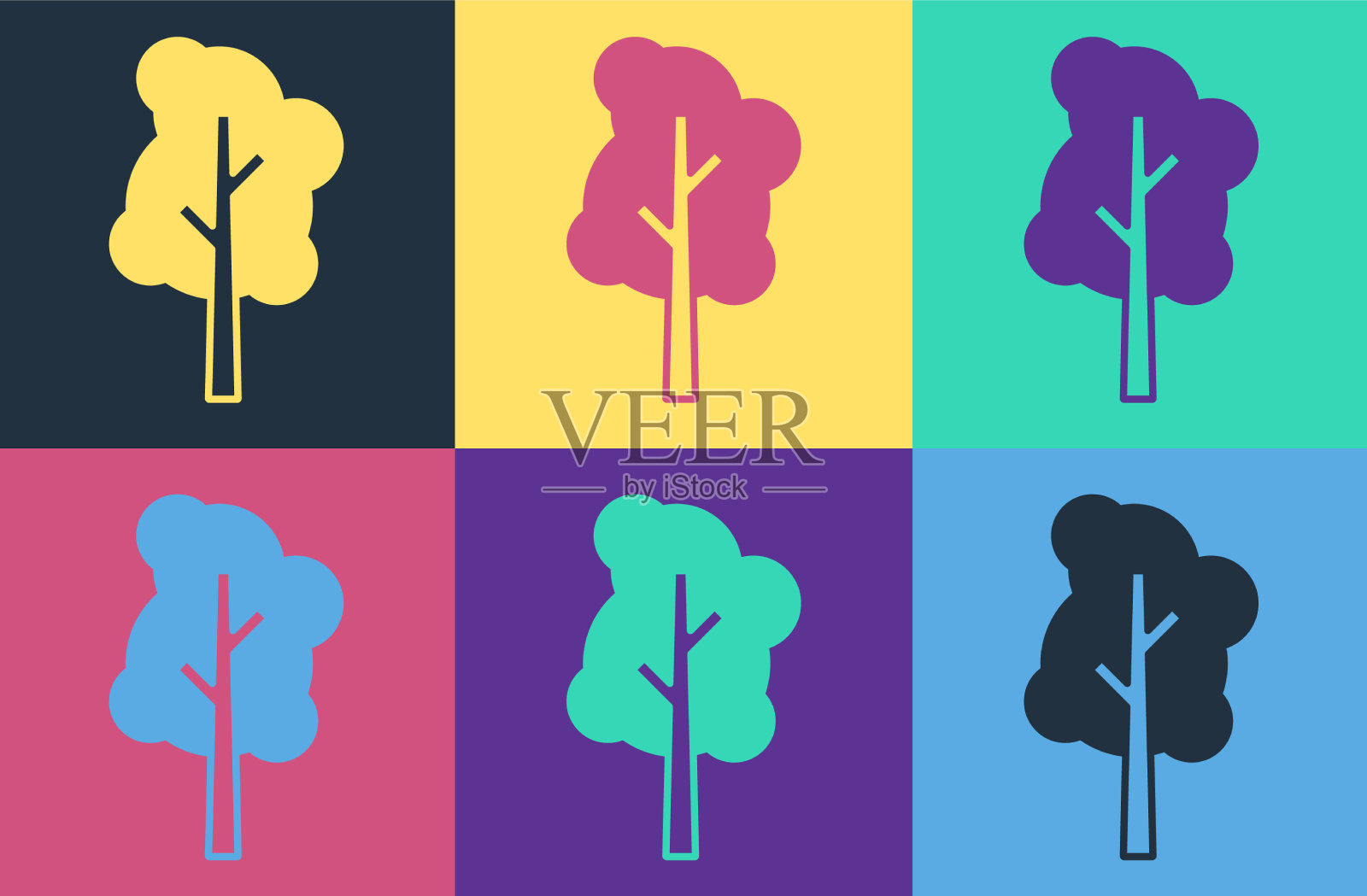 波普艺术树图标孤立的颜色背景插画图片素材