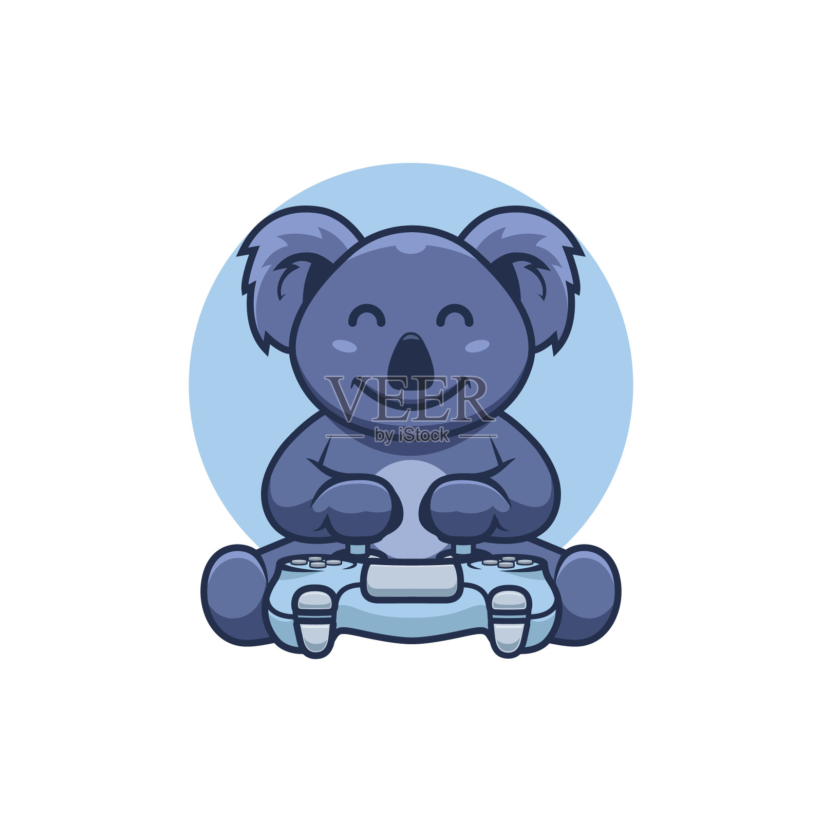 可爱的考拉游戏标志卡通吉祥物。一个卡通设计的考拉玩家拿着游戏机操纵杆。插画图片素材