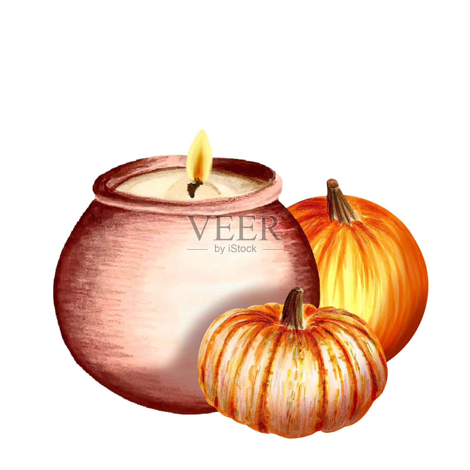 蜡烛在陶罐和两个橙色南瓜，手绘标记插图在水彩技术插画图片素材