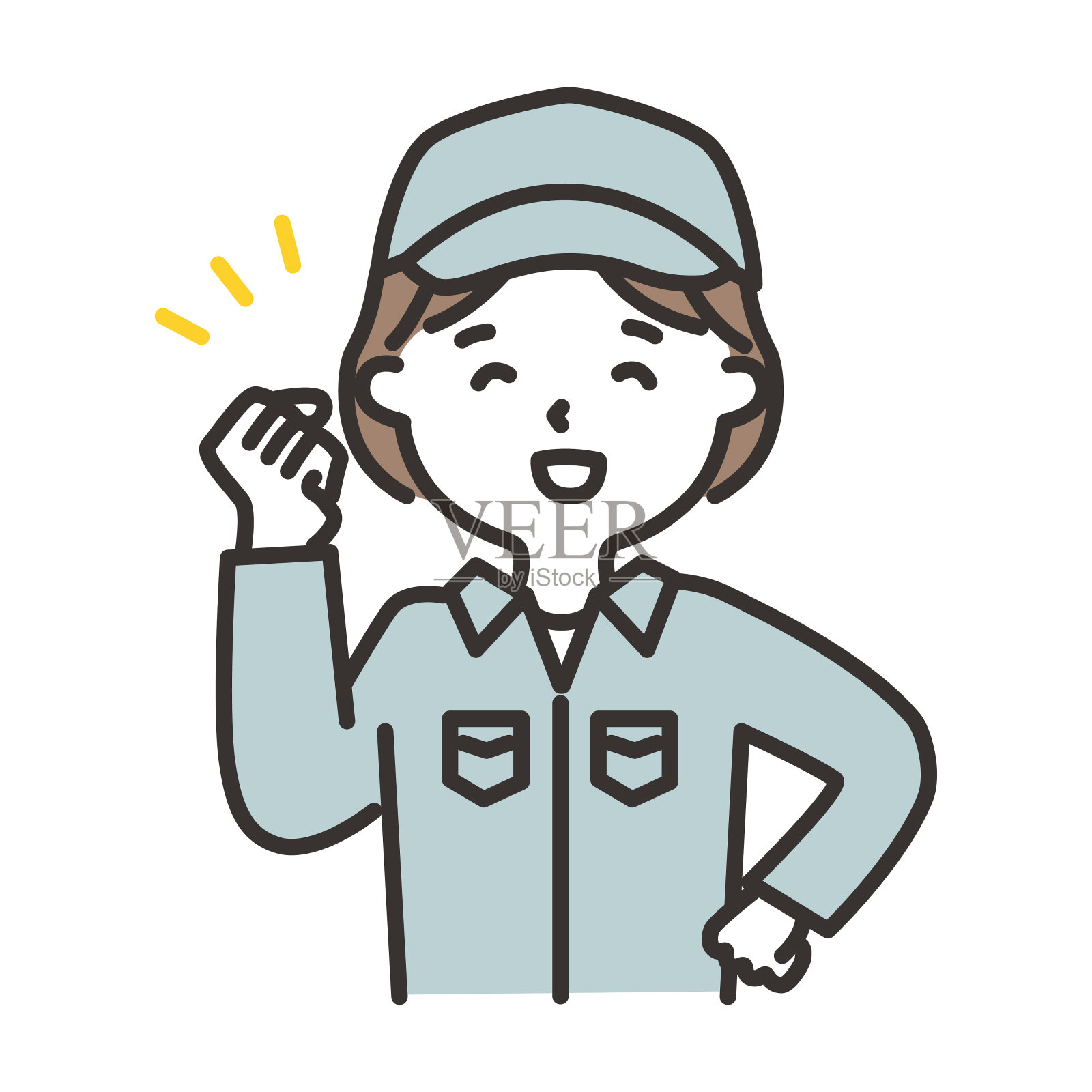 一个穿着工作服，戴着帽子的女人摆出一副有胆量的姿势。插画图片素材