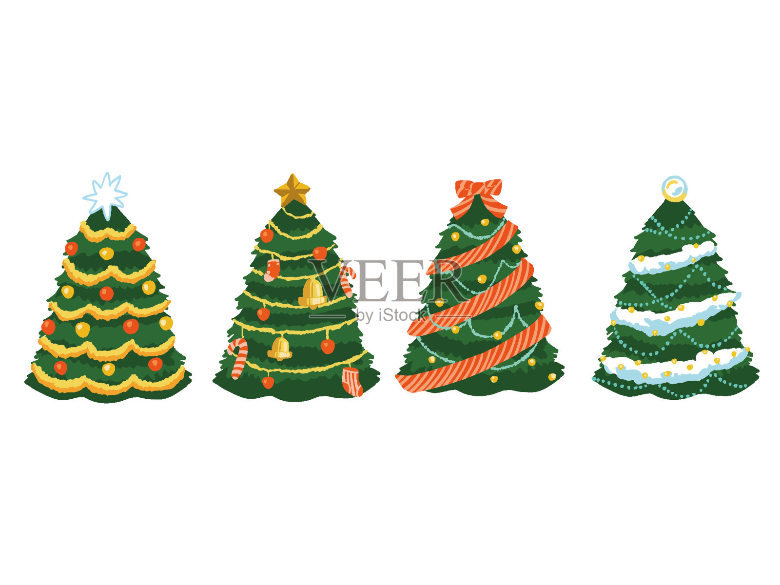 手绘风格插图集各种五颜六色的圣诞树插画图片素材