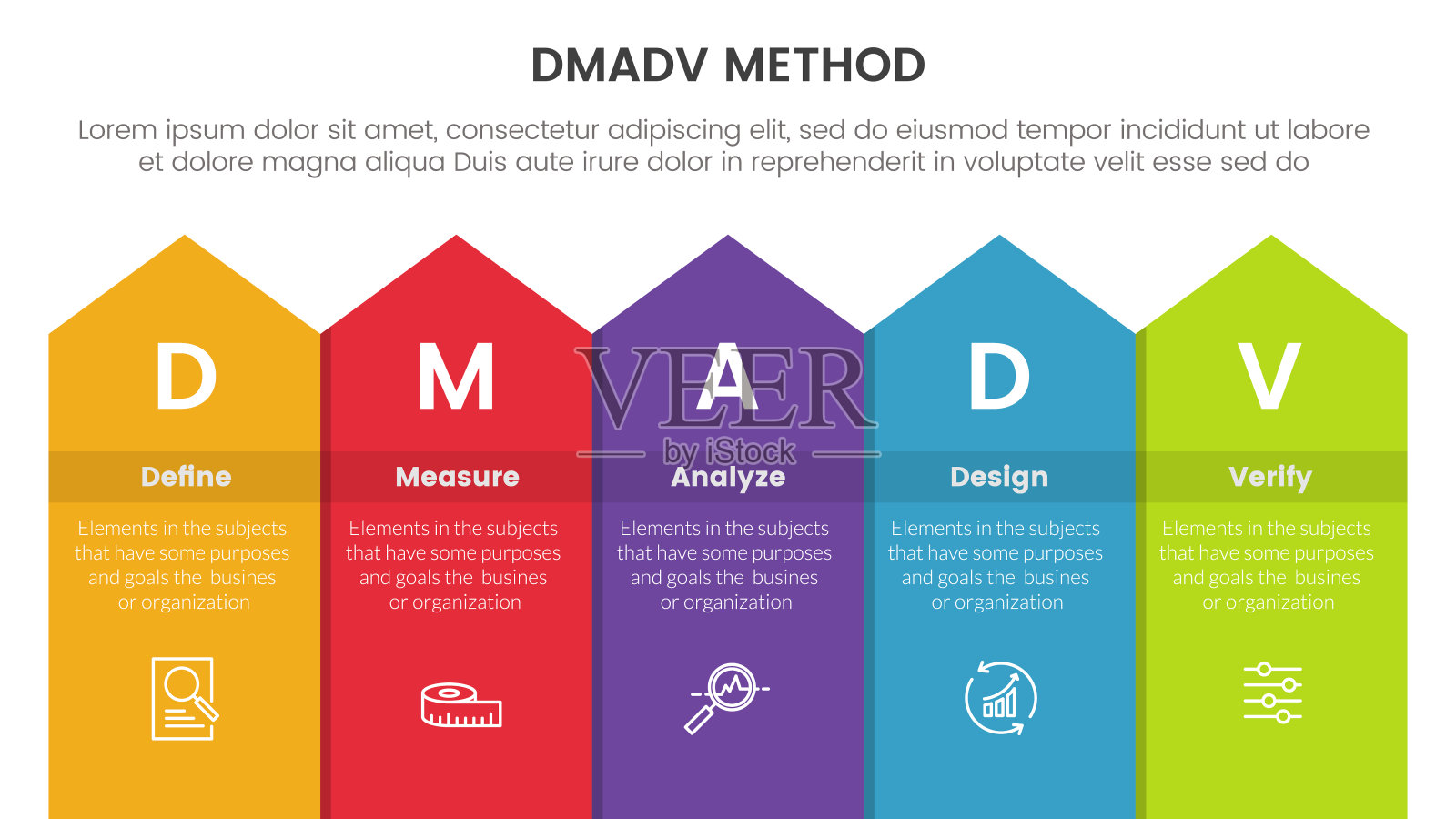 Dmadv六西格玛框架方法论信息图，在幻灯片演示的前5点列表上带有方框箭头插画图片素材