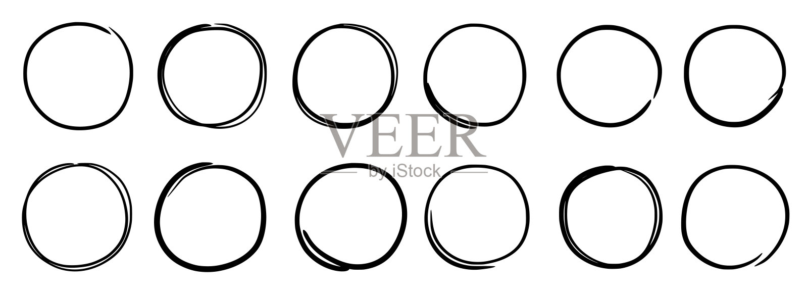 手绘圆帧矢量集。手绘素描铅笔涂鸦风格线条圆框。涂鸦线圆，环形元素形状。向量插画图片素材