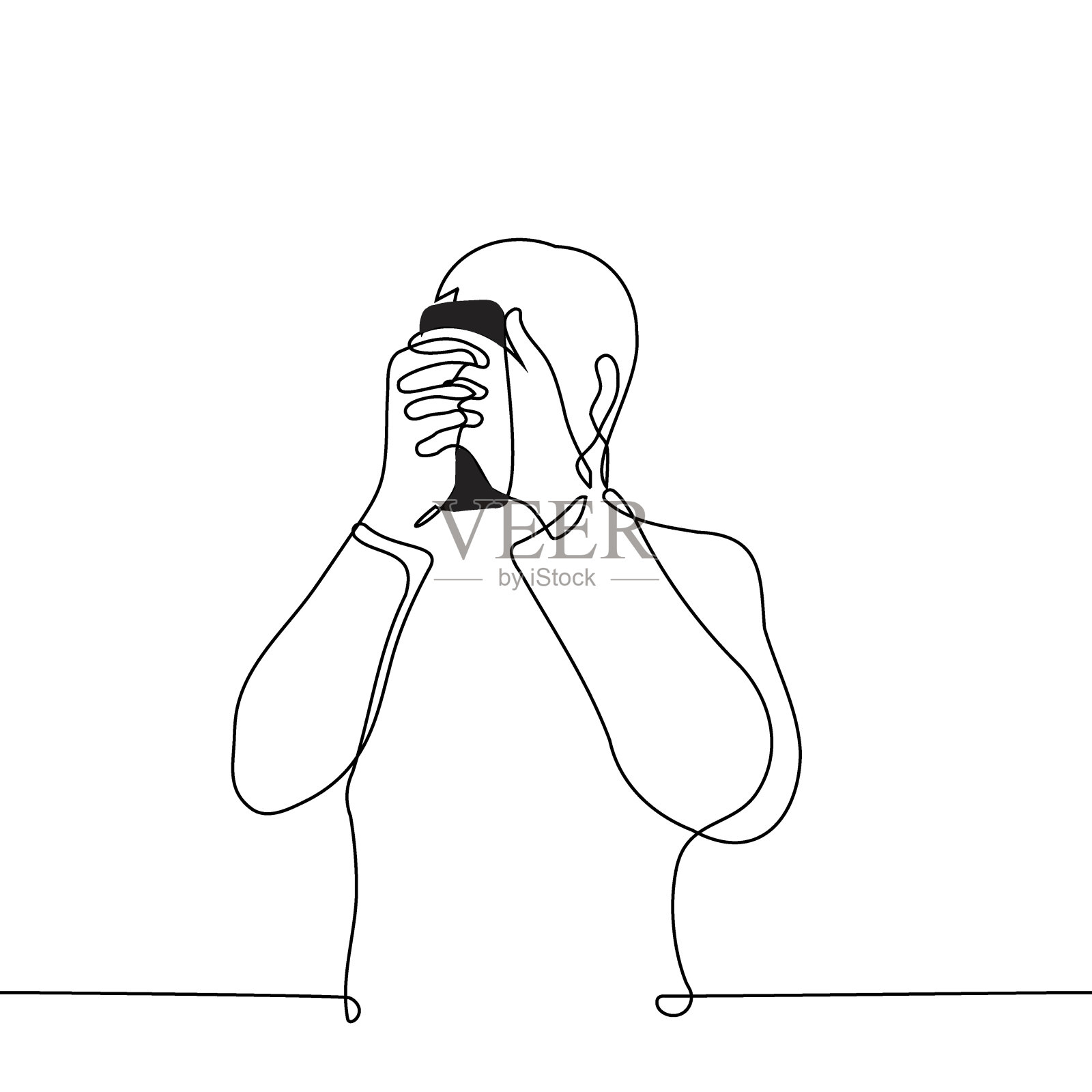 男人站着拿着电话靠近他的脸-一行艺术矢量。视力不佳的概念，沉迷于手机或社交网络，沉迷于数字世界的隐喻插画图片素材