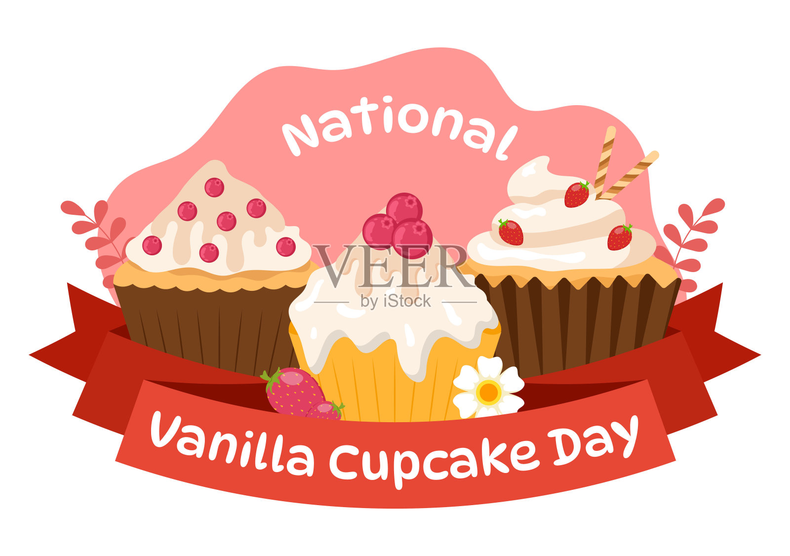 全国香草纸杯蛋糕日矢量插图11月10日草莓和香草奶油蛋糕在平面卡通粉红色背景设计插画图片素材