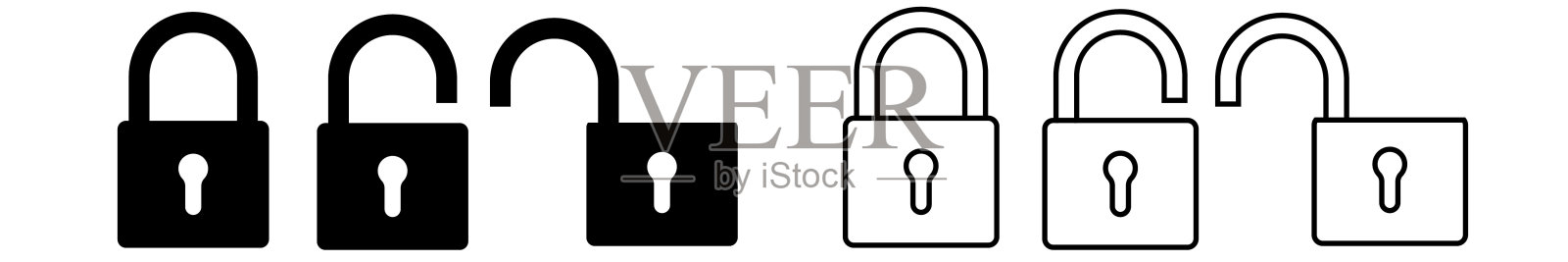 锁图标集。锁定和解锁图标。平面和线条艺术风格。插画图片素材