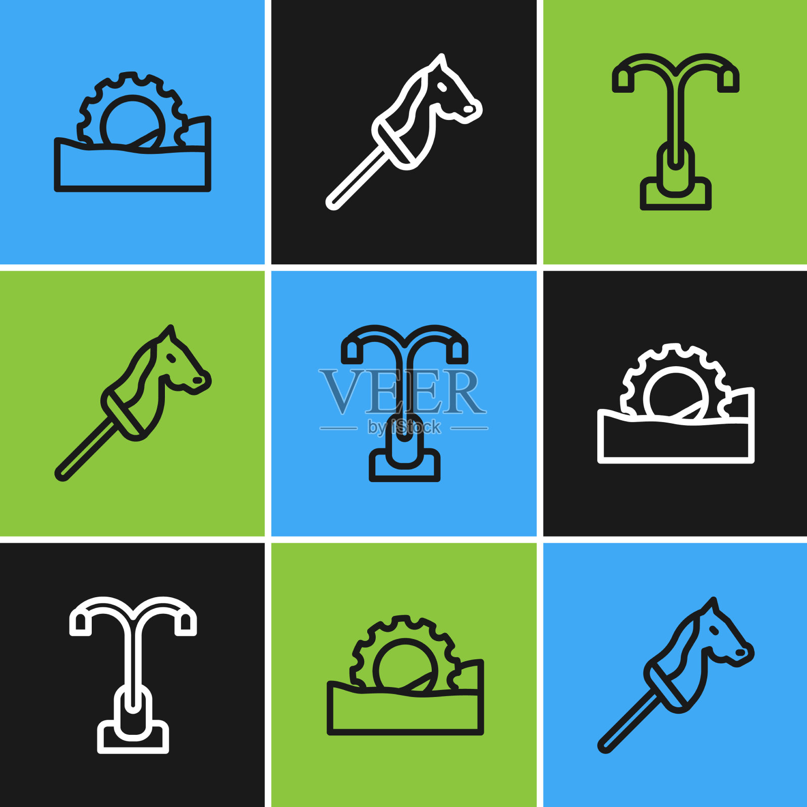 设置摩天轮、路灯和玩具马插画图片素材