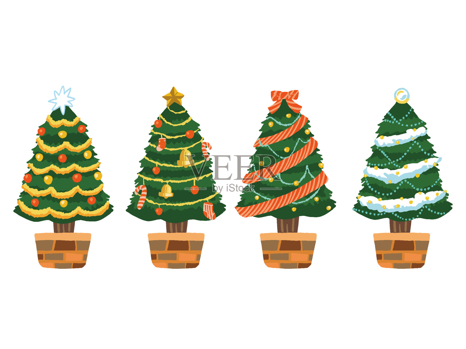 手绘风格插图集各种彩色圣诞树B插画图片素材