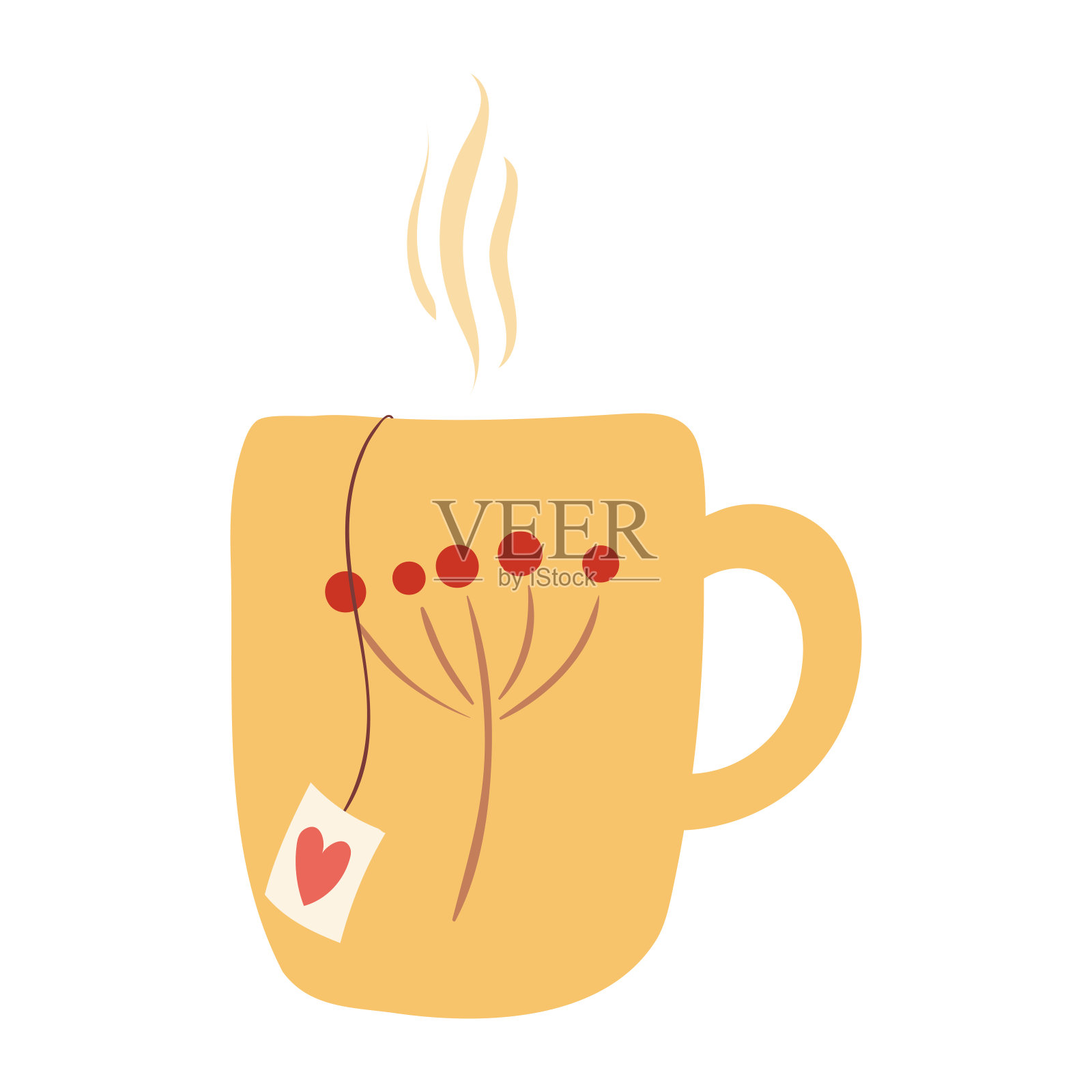 马克杯与上升的蒸汽，茶袋标签手绘卡通插图。插画图片素材