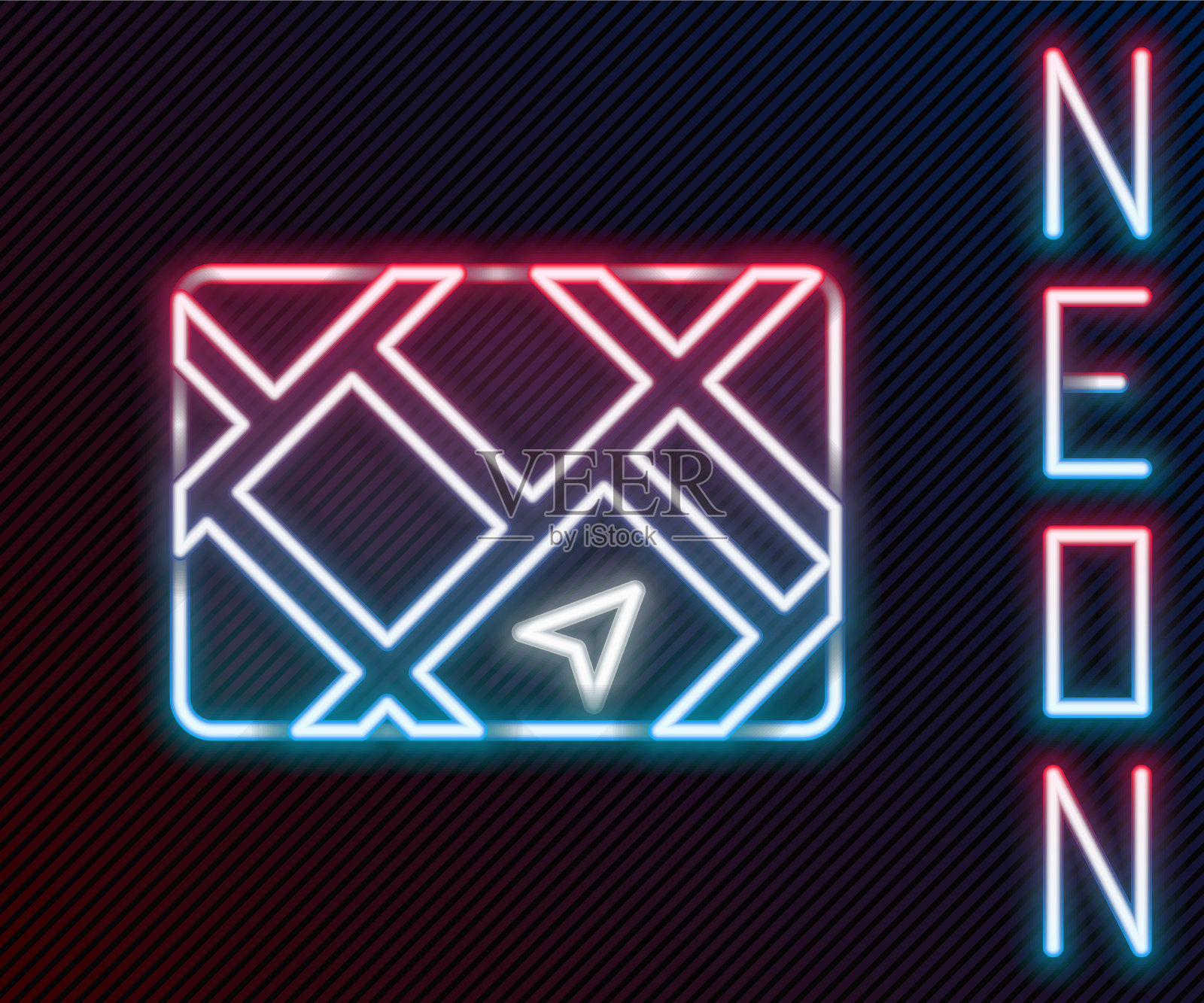 发光的霓虹灯线GPS设备与地图图标插画图片素材