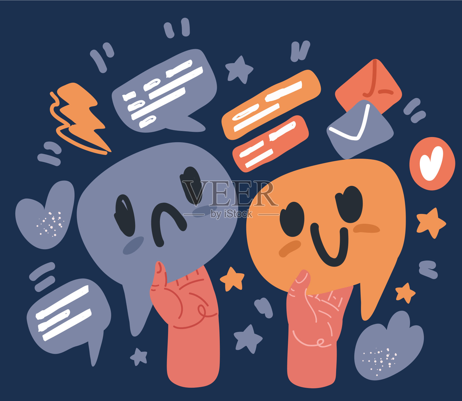 矢量卡通插图的手握着说话泡沫微笑的脸图标。快乐、悲伤、哭泣的迹象。快乐和悲伤的笑脸聊天符号。满意和不满意的反馈插画图片素材