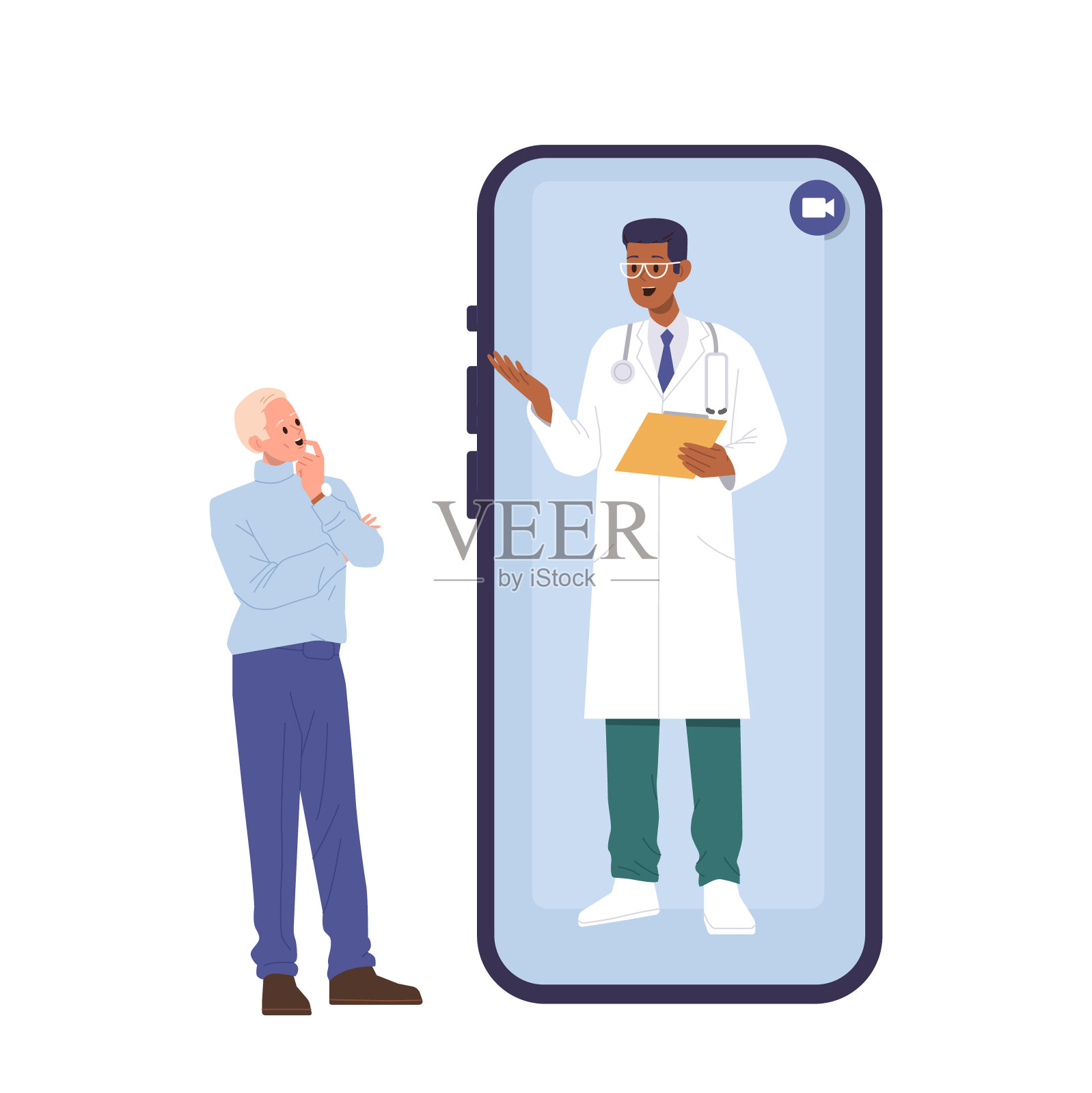 通过智能手机使用数字应用在线技术，刻画病人看病插画图片素材