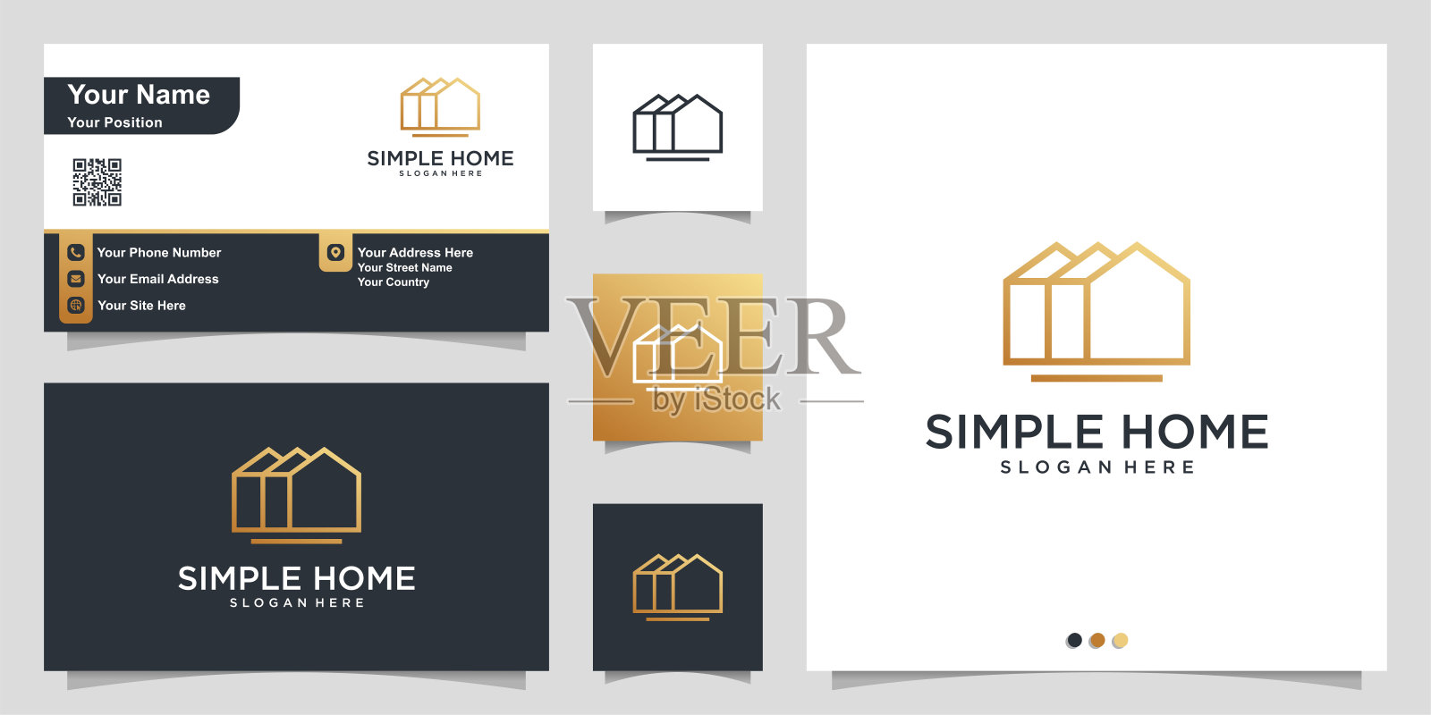 家庭符号与简单的线条艺术风格和名片设计模板高级矢量插画图片素材