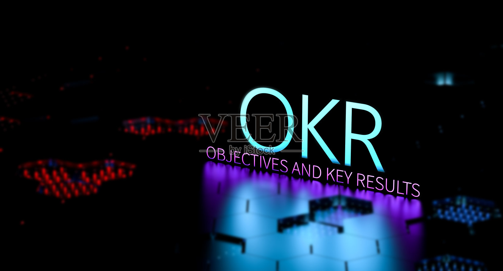 OKR目标关键字和结果字，定义，霓虹概念。OKR墙纸。三维渲染照片摄影图片