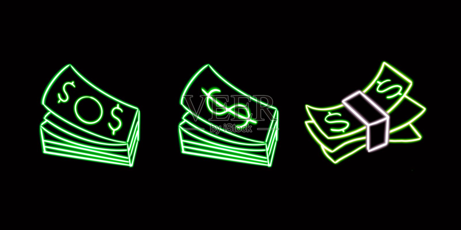 钞票上美元符号发光桌面图标，霓虹贴纸，钞票符号霓虹图形，发光图形，霓虹几何图形插画图片素材
