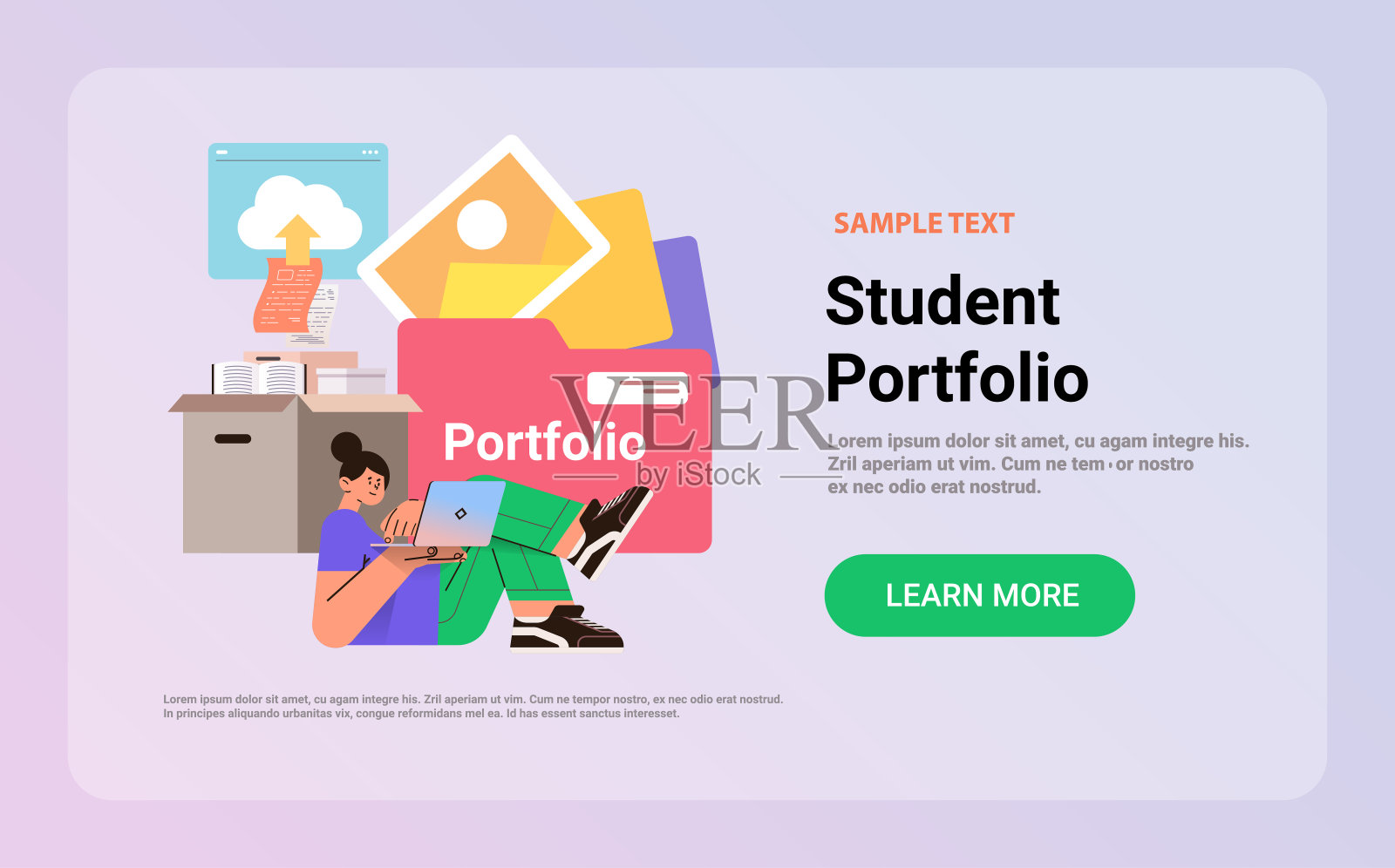 学生女孩在笔记本电脑上工作，用不同的工具创建作品集和文档在线教育概念插画图片素材