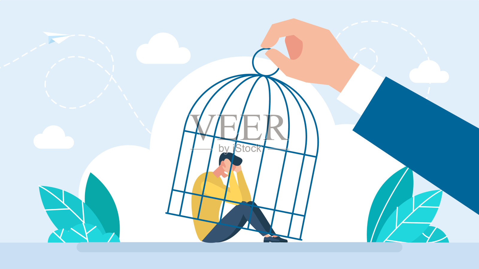 笼子里的悲伤的人。商人虐人，巨人执笼。沮丧的男孩坐在地板上。监狱和监狱。平的风格。矢量插图。插画图片素材