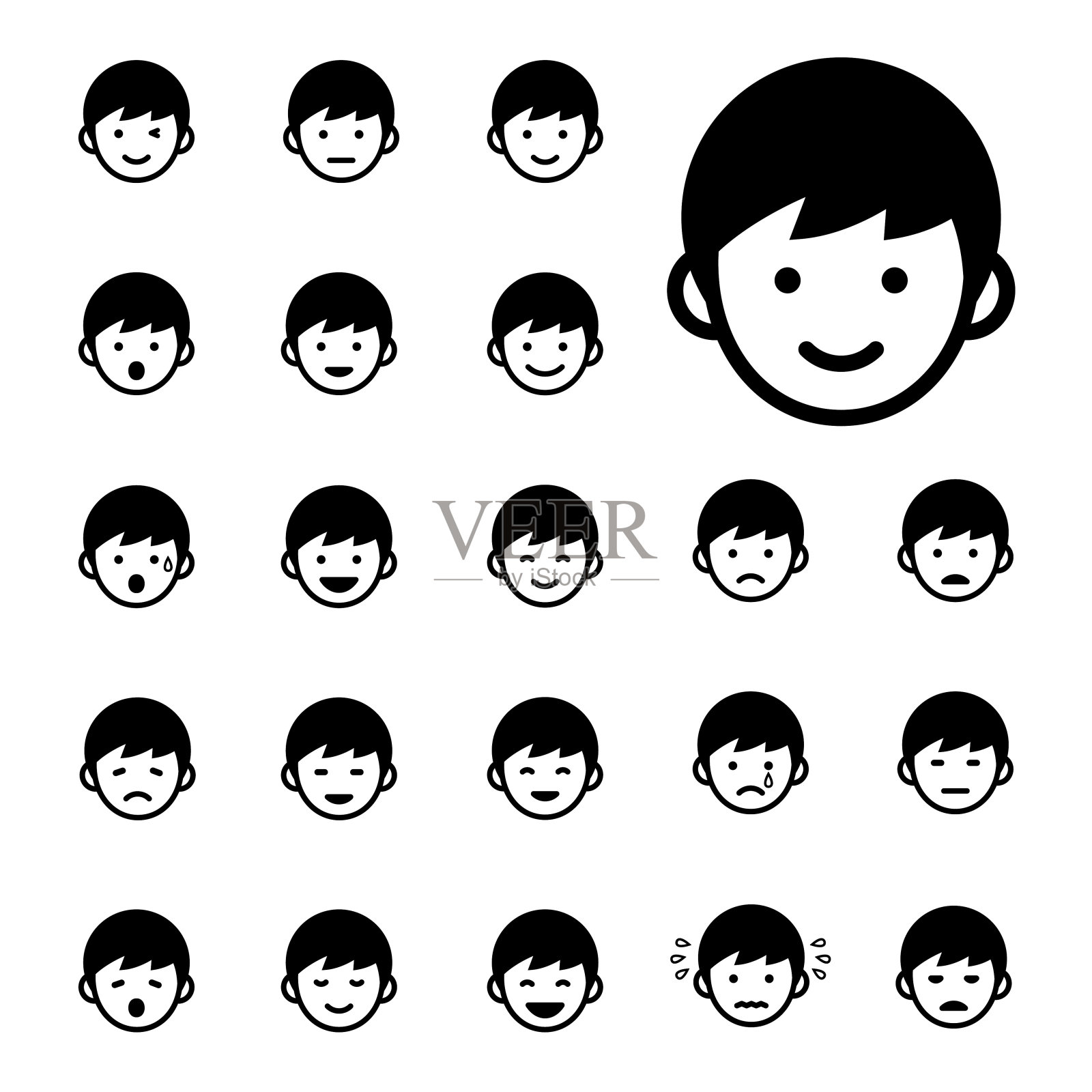 男孩面部表情图标集，矢量插图插画图片素材
