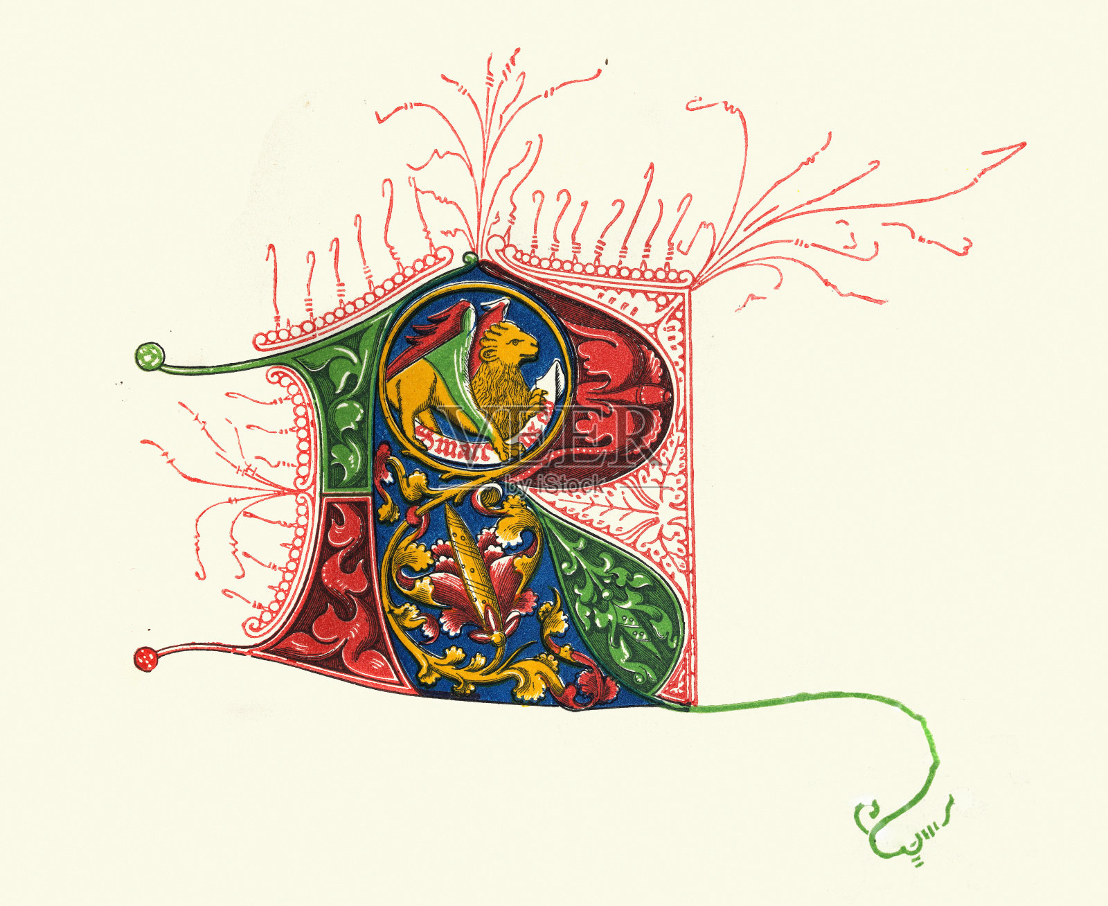 复古插图大写字母B，华丽的中世纪风格神话野兽插画图片素材