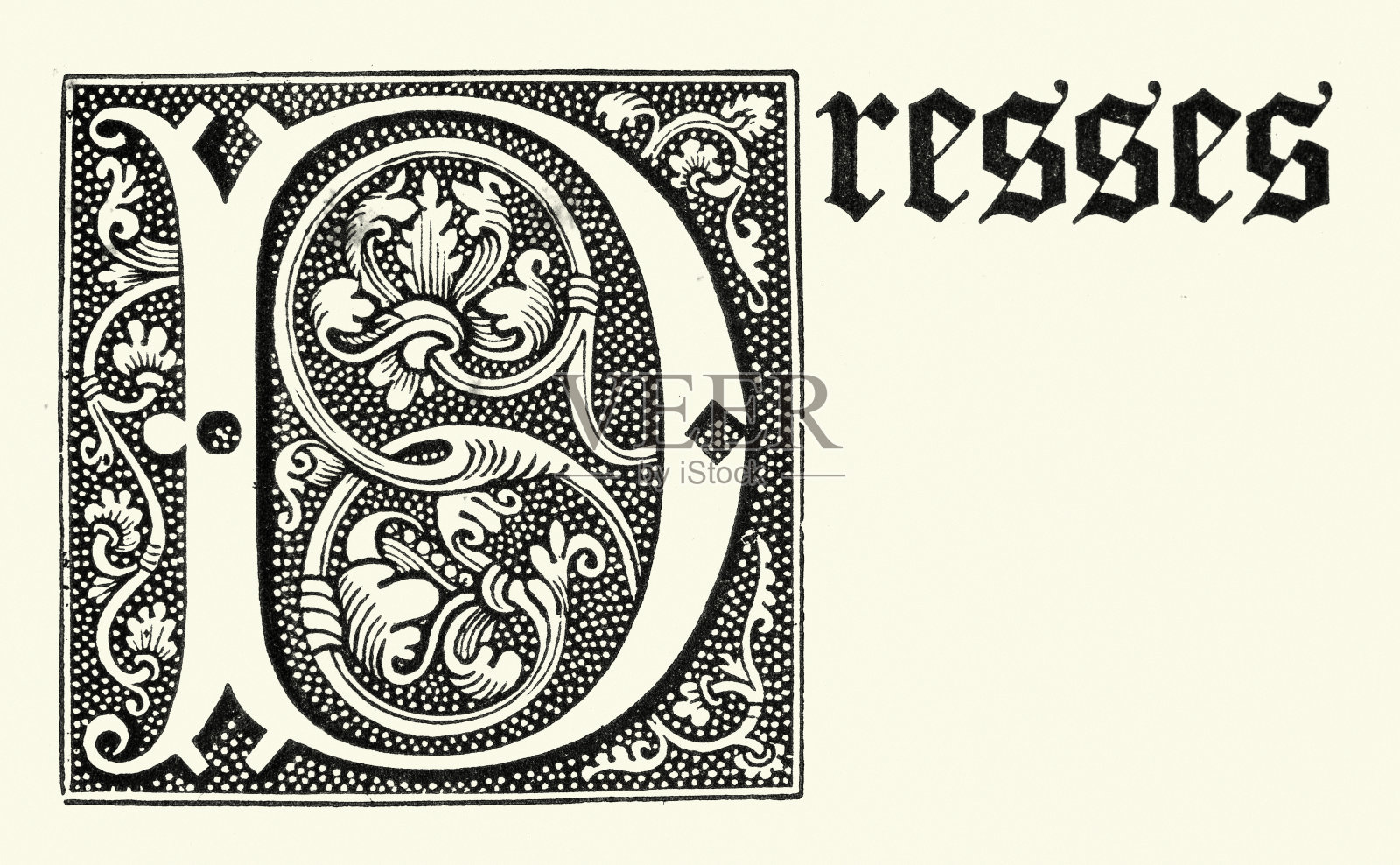 复古插图大写字母D，字母组合，连衣裙，中世纪风格插画图片素材