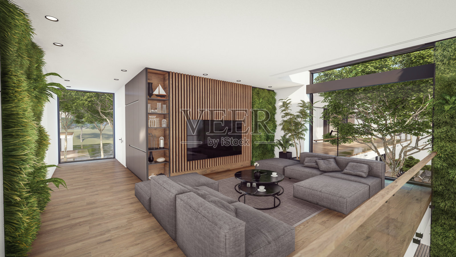 3d渲染昂贵舒适的室内与绿色的墙壁在晚上照片摄影图片