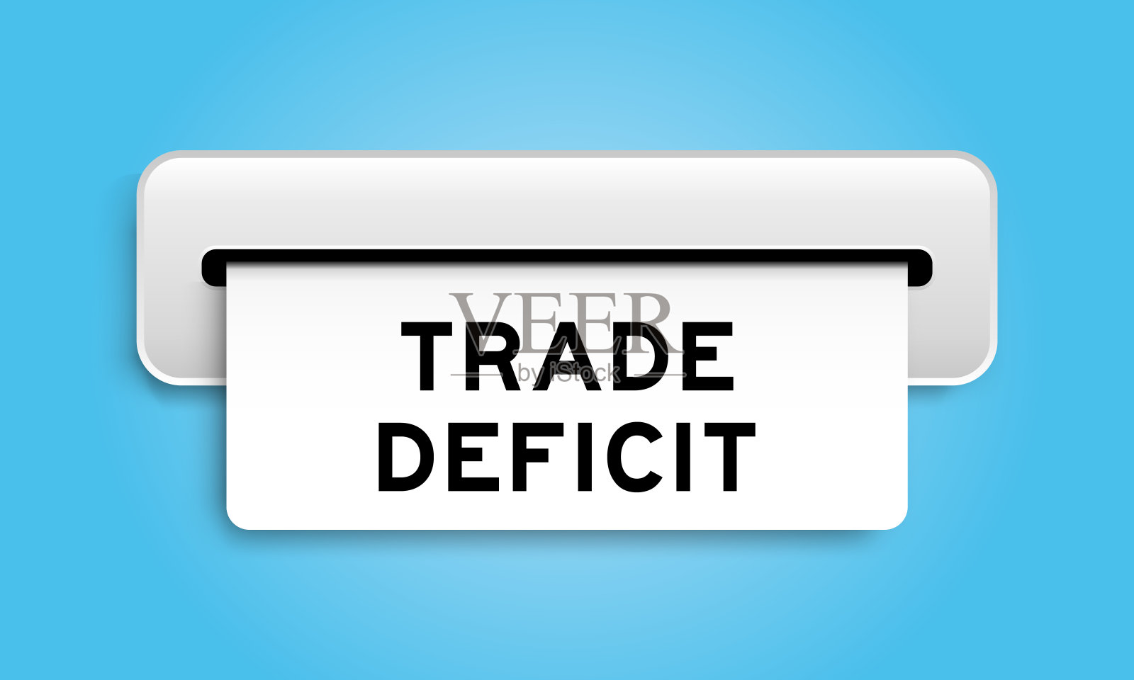 白色优惠券横幅与文字贸易逆差从机器上的蓝色背景插画图片素材