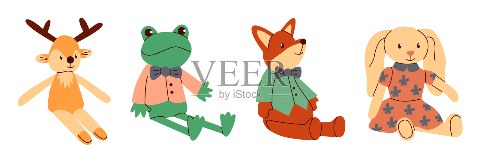 男孩和女孩的毛绒玩具。一套儿童玩具。插画图片素材