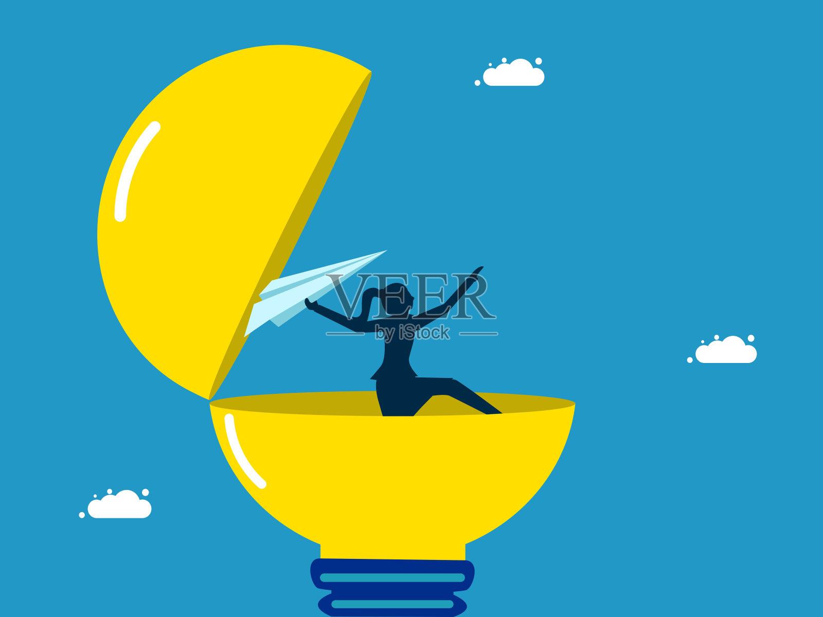 加快知识传播。女商人从灯泡里扔纸火箭插画图片素材