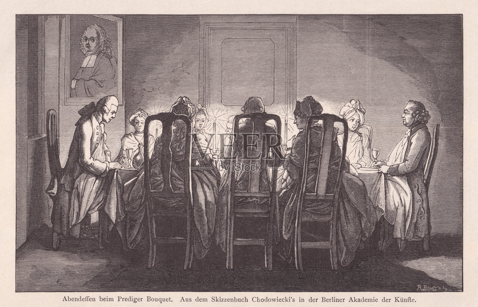 与传教士共进晚餐花束，Chodowiecki木刻，1878年插画图片素材