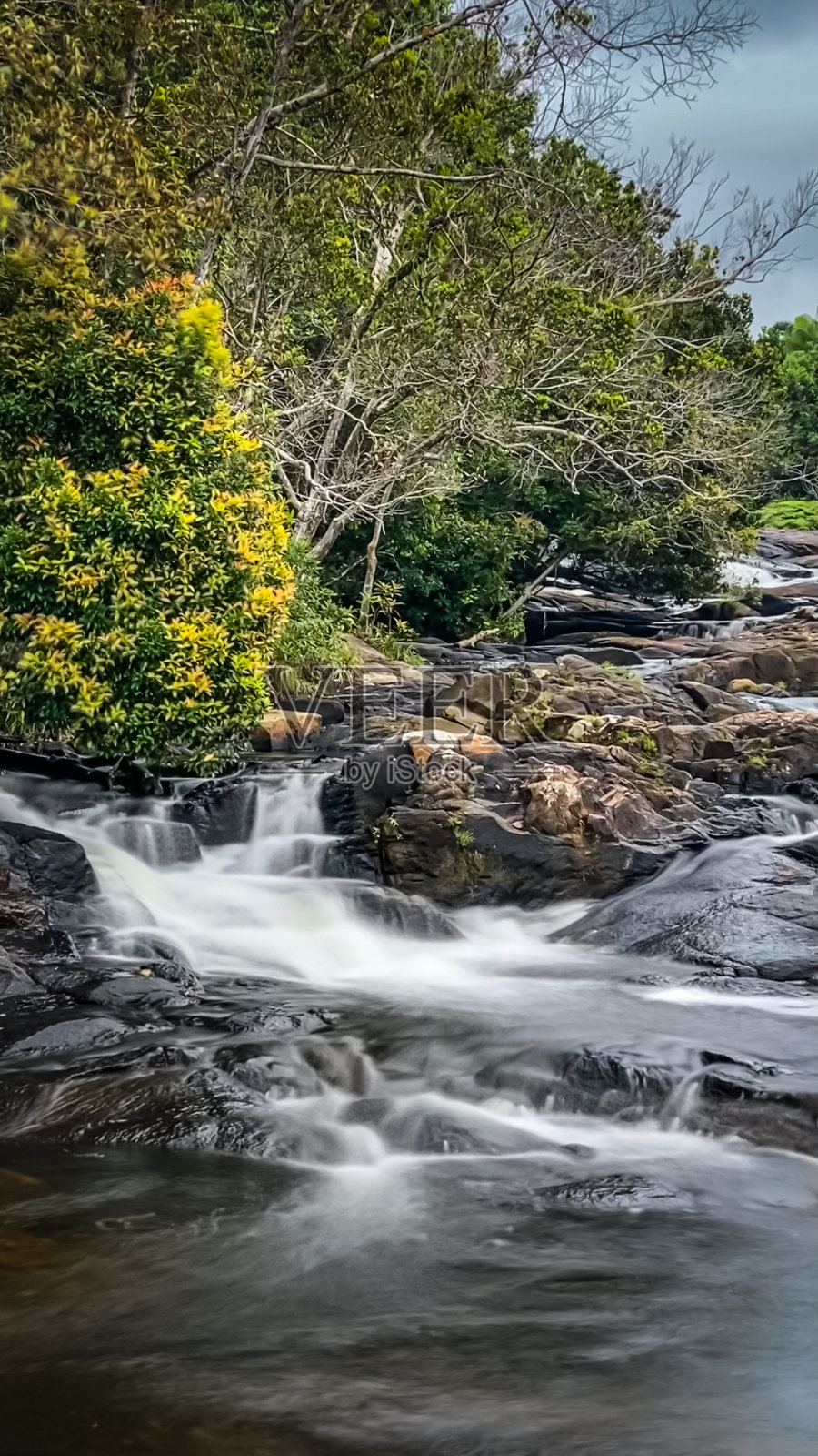 岩石河在美丽的山脉中流淌。小瀑布，水流清澈。瀑布有许多美丽的植物和苔藓。非常新鲜和放松的地方。照片摄影图片