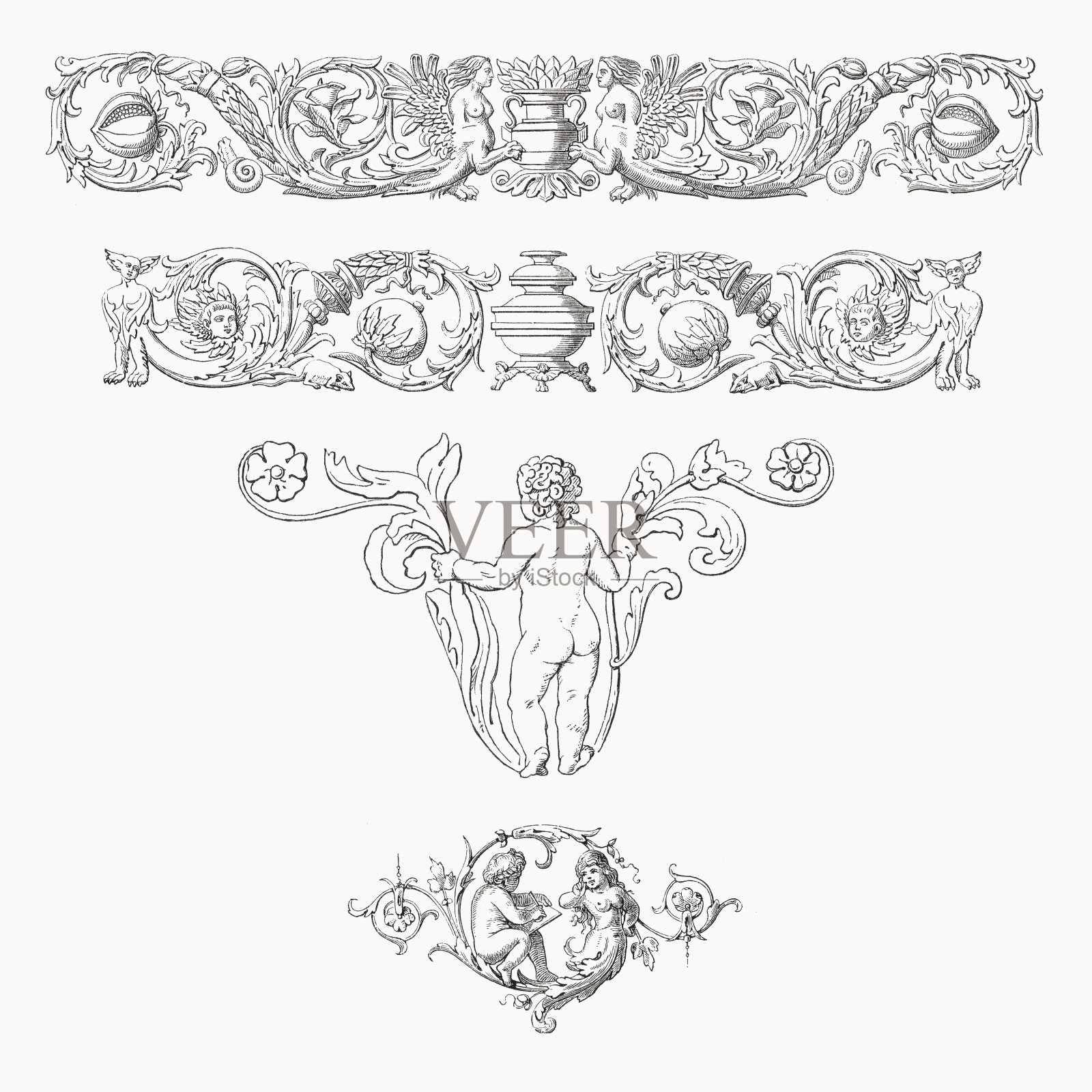 带有怪诞图案的楣板和小插图，木版，出版于1878年插画图片素材