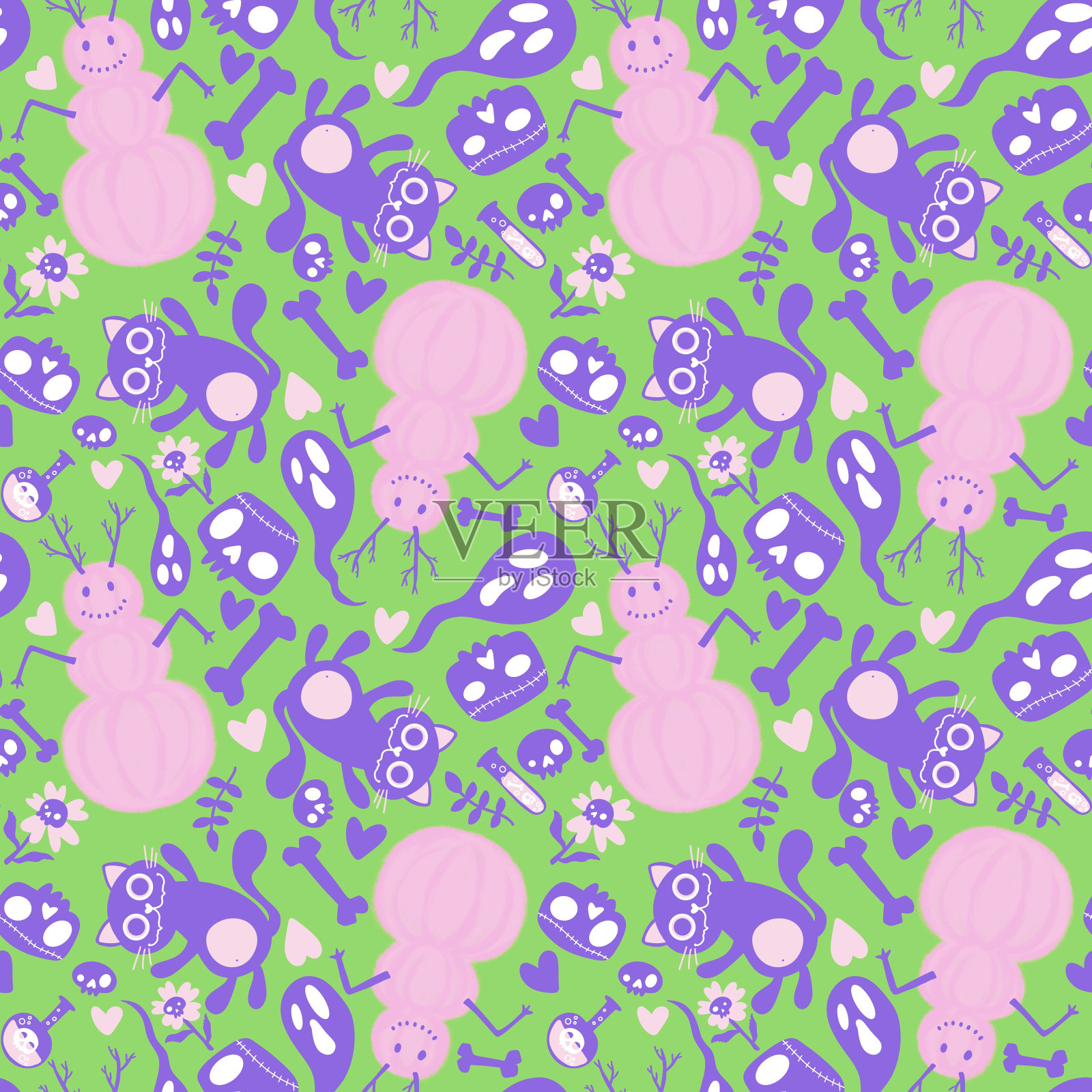 万圣节无缝猫图案用于织物和纺织品及包装插画图片素材