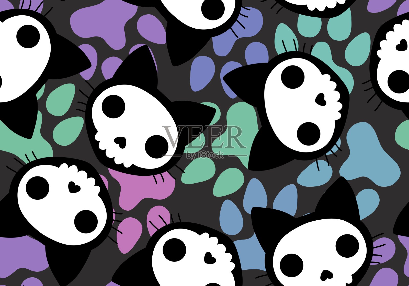 万圣节无缝猫图案用于织物和纺织品及包装插画图片素材