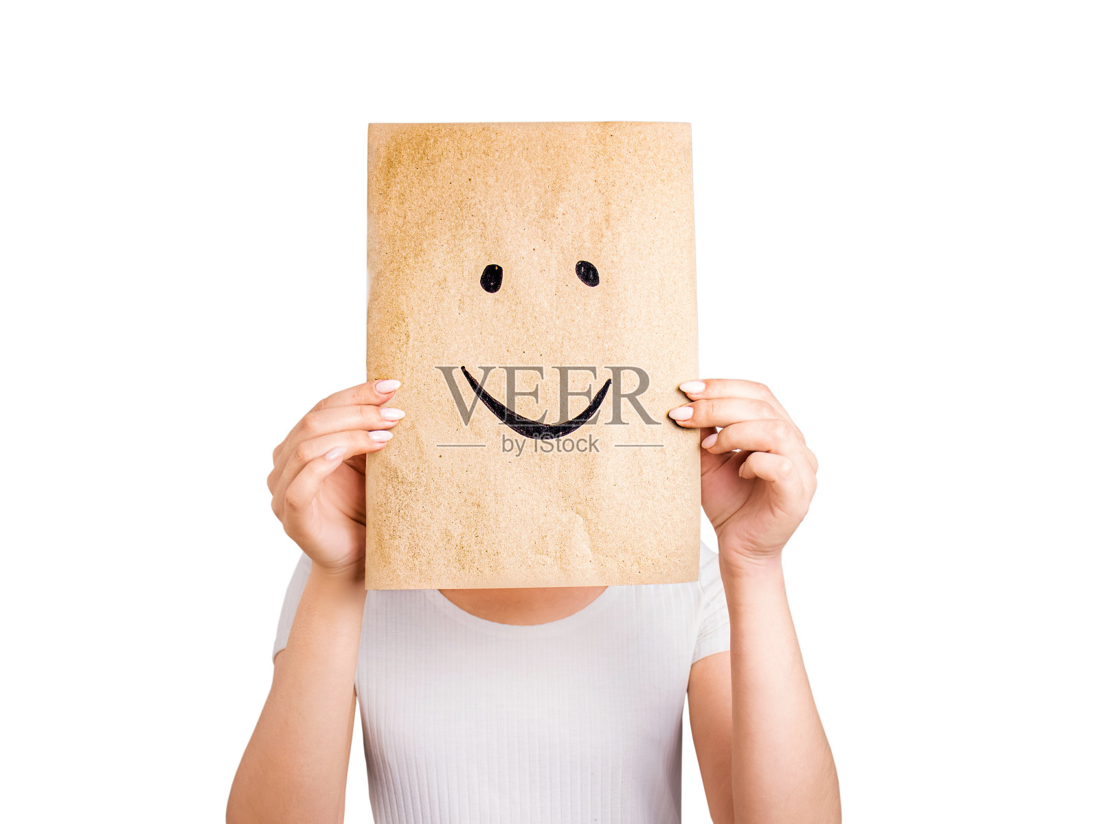 一个拿着纸的女人，脸上挂着彩绘的微笑照片摄影图片