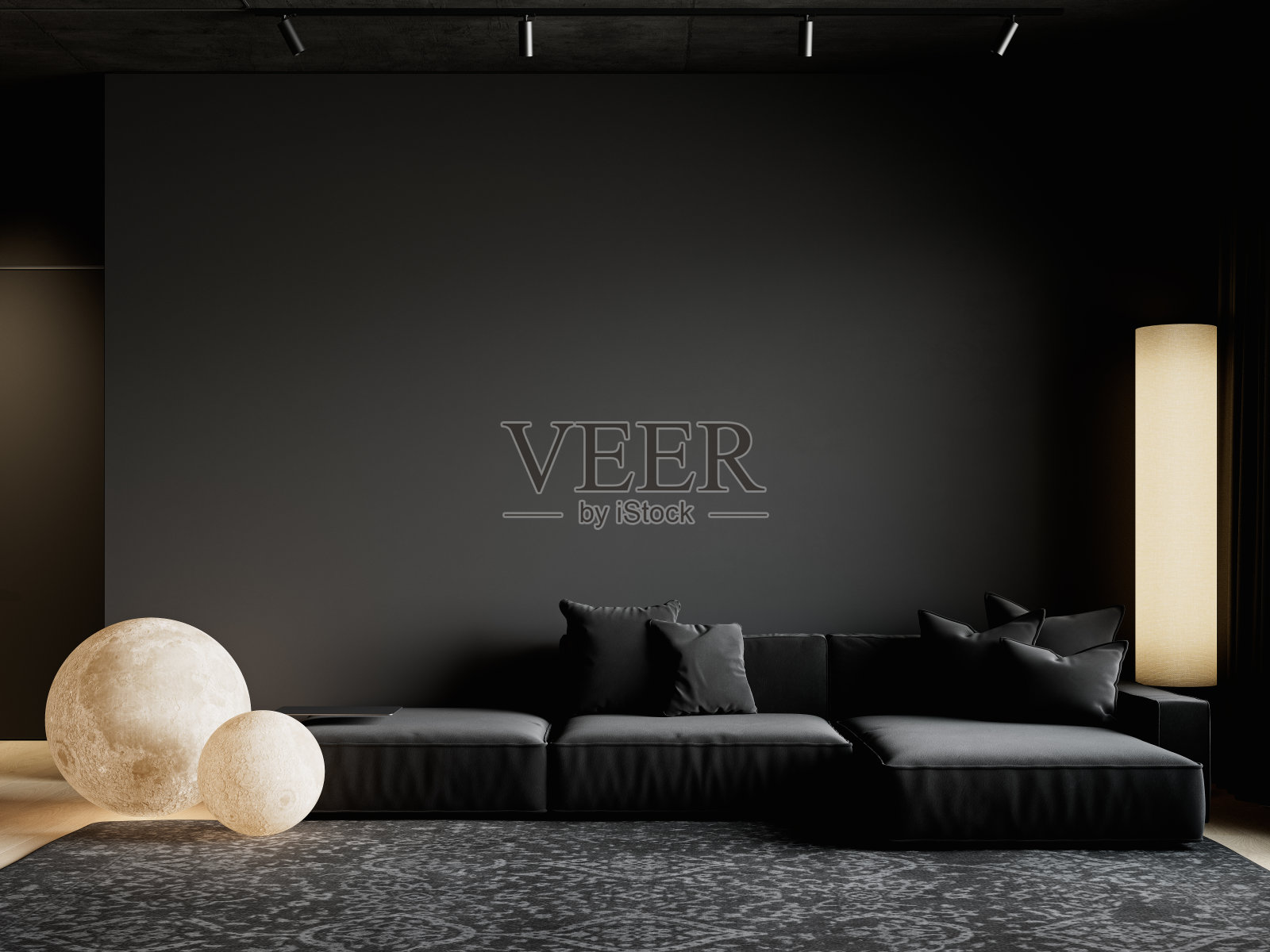 黑色室内配有沙发，月亮落地灯，地毯和装饰。3d渲染插图模型。照片摄影图片