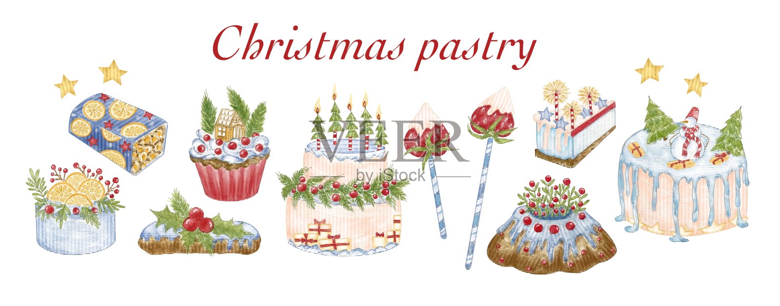一套圣诞糕点蛋糕，饼干，松饼，泡芙，糖果，芝士蛋糕插画图片素材